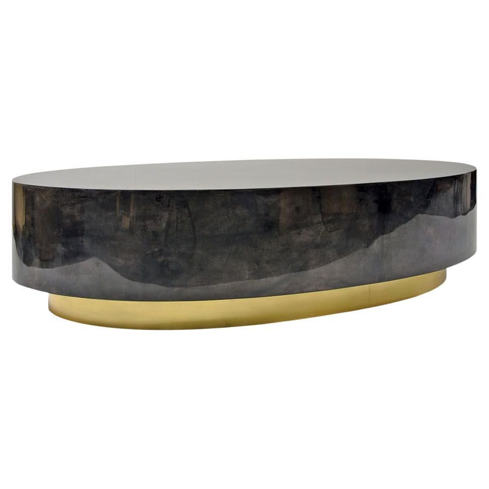 Modern Oval Coffee Table in Brown Goatskin Parchment on Brass Plinth by Scala 