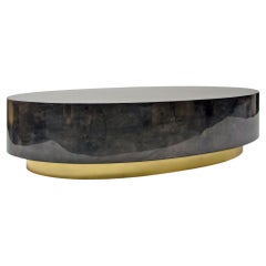 Modern Style, Oval Coffee Table, Lacquered Parchment, Brass Plinth Base