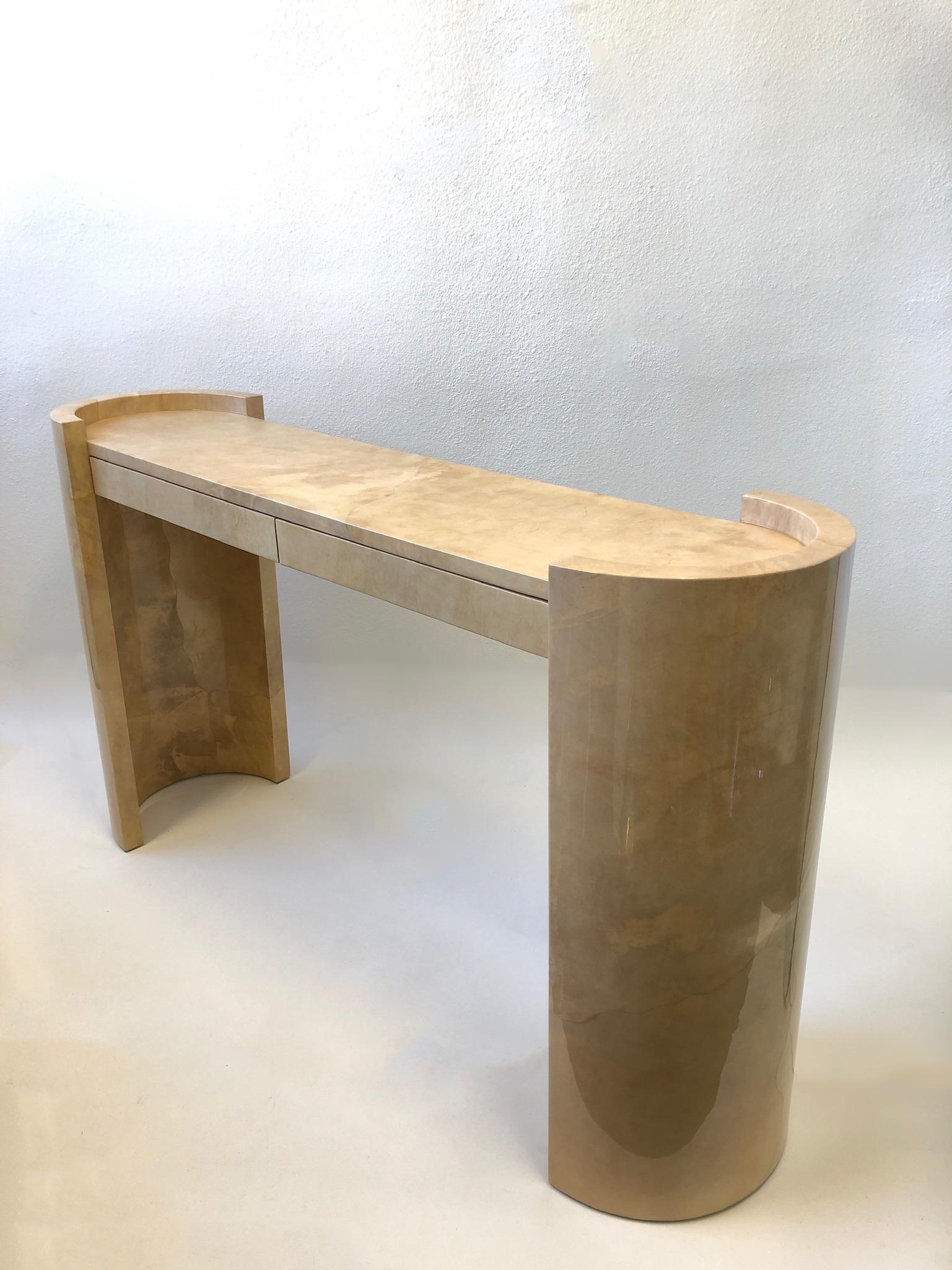 Lacquered Goatskin Parchment Console Table by Karl Springer For Sale 3