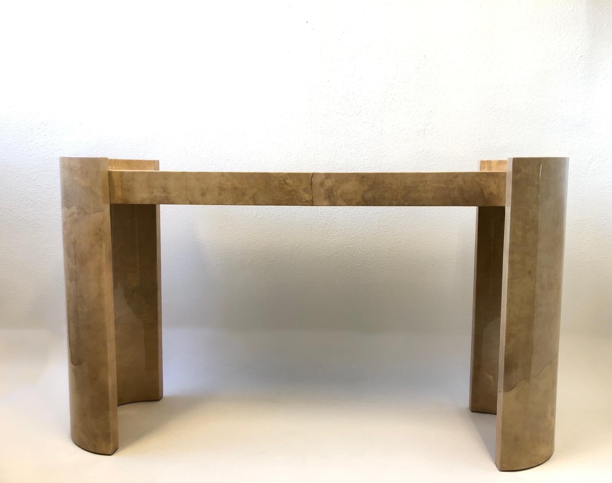 American Lacquered Goatskin Parchment Console Table by Karl Springer For Sale