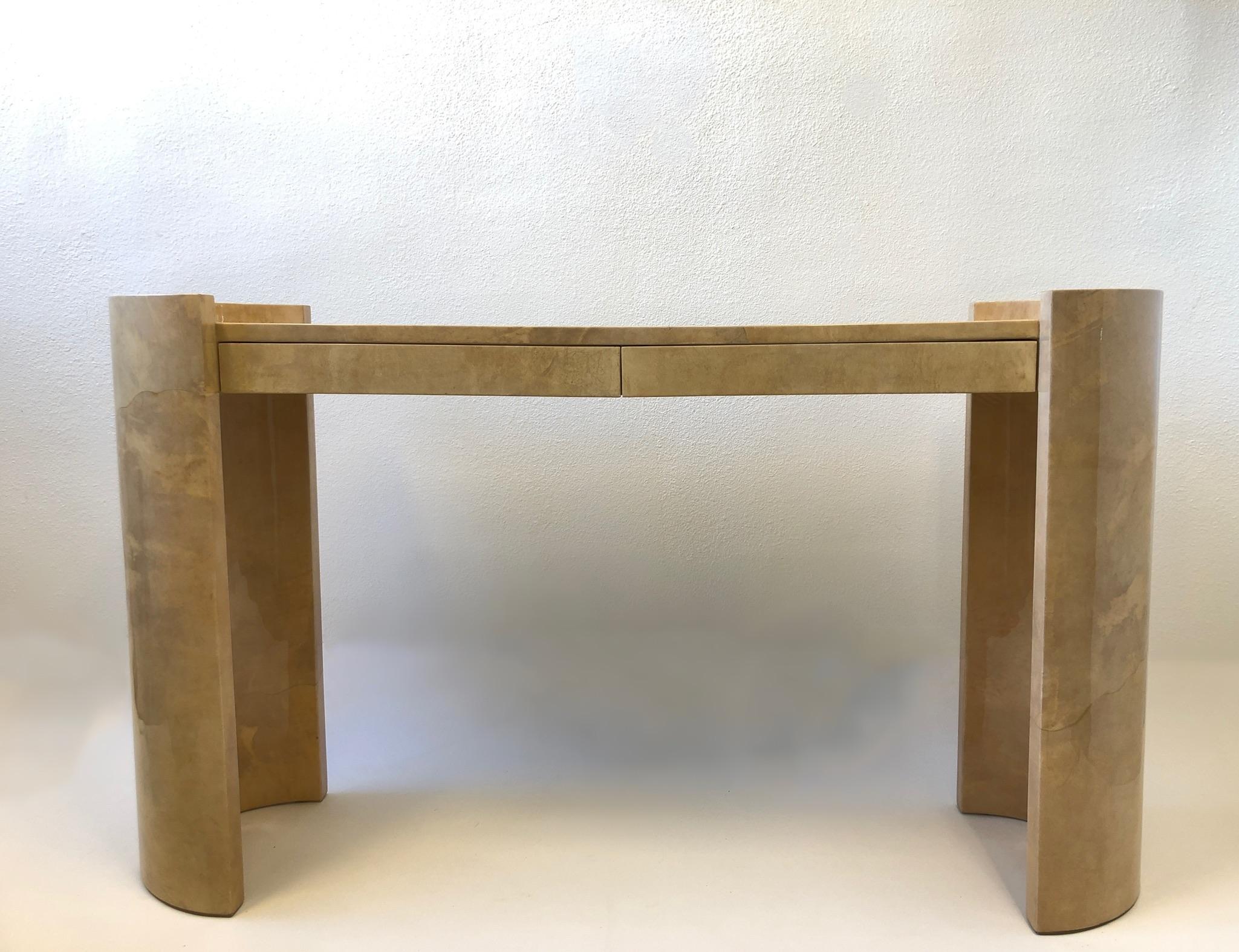 Lacquered Goatskin Parchment Console Table by Karl Springer For Sale 1