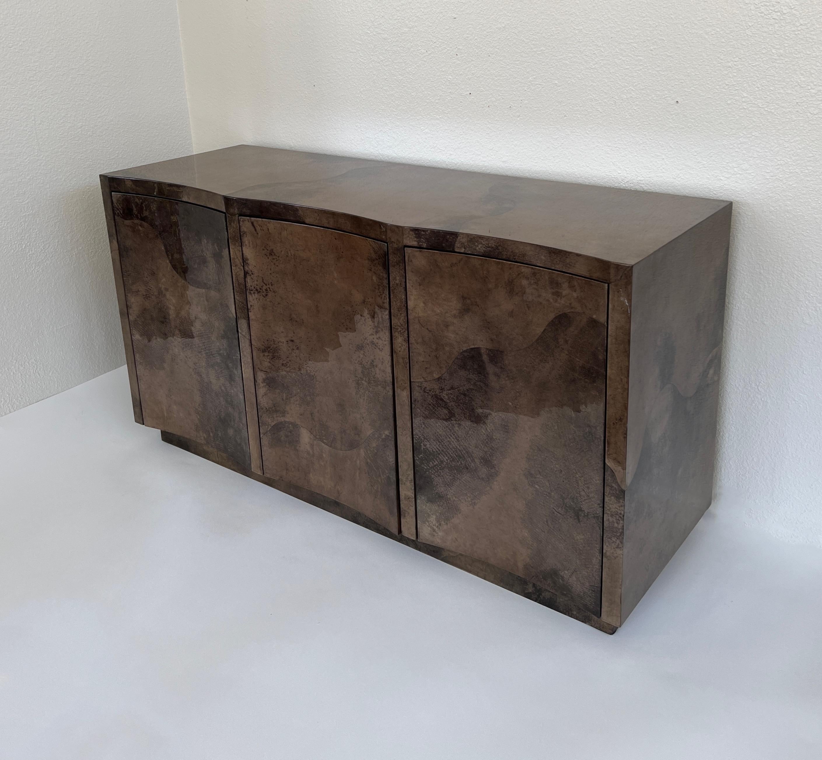 American Lacquered Goatskin Parchment Credenza by Karl Springer For Sale