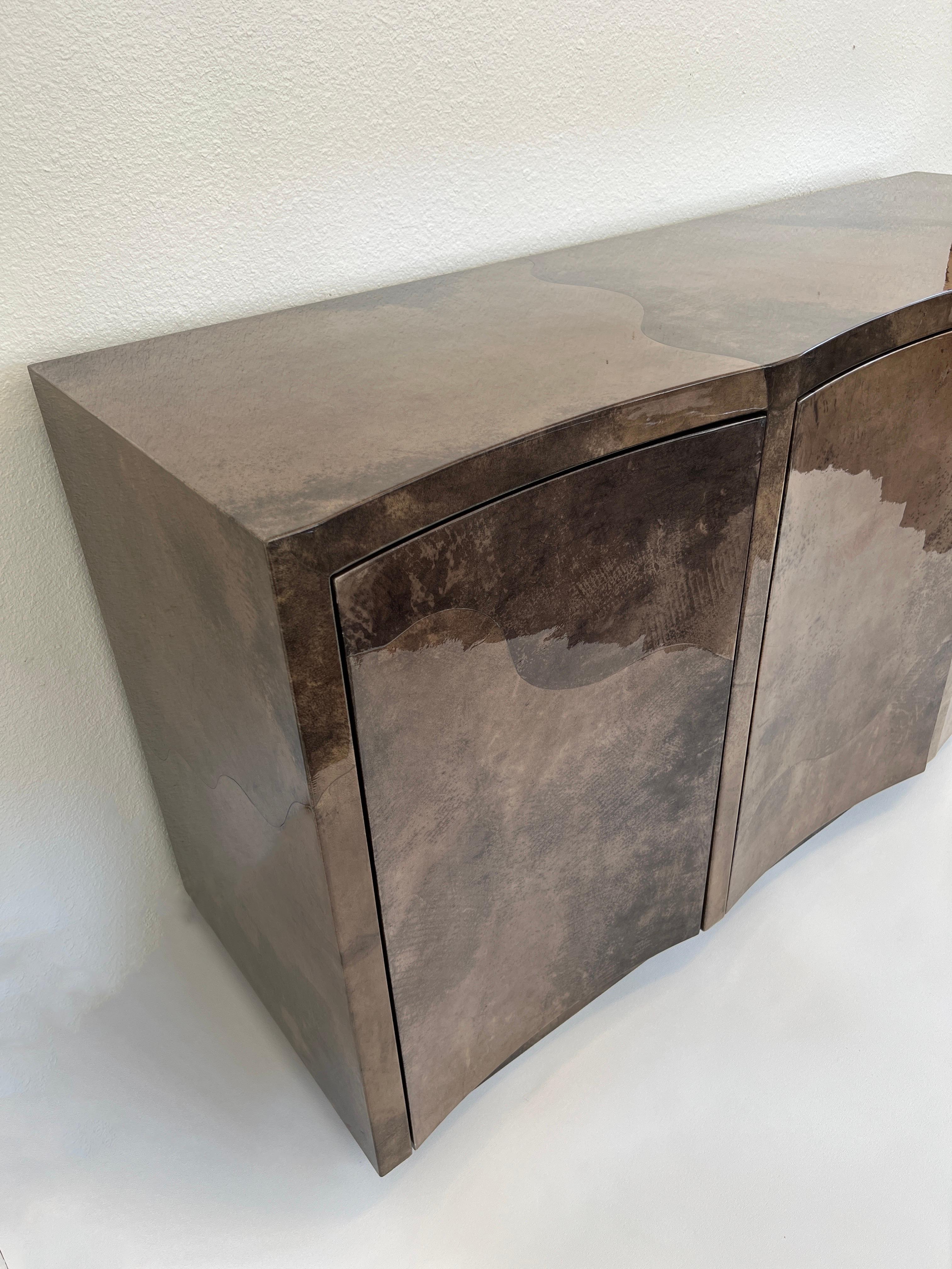 Lacquered Goatskin Parchment Credenza by Karl Springer In Good Condition For Sale In Palm Springs, CA