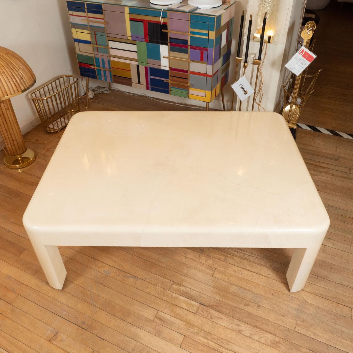 Lacquered goatskin rectangular coffee table.