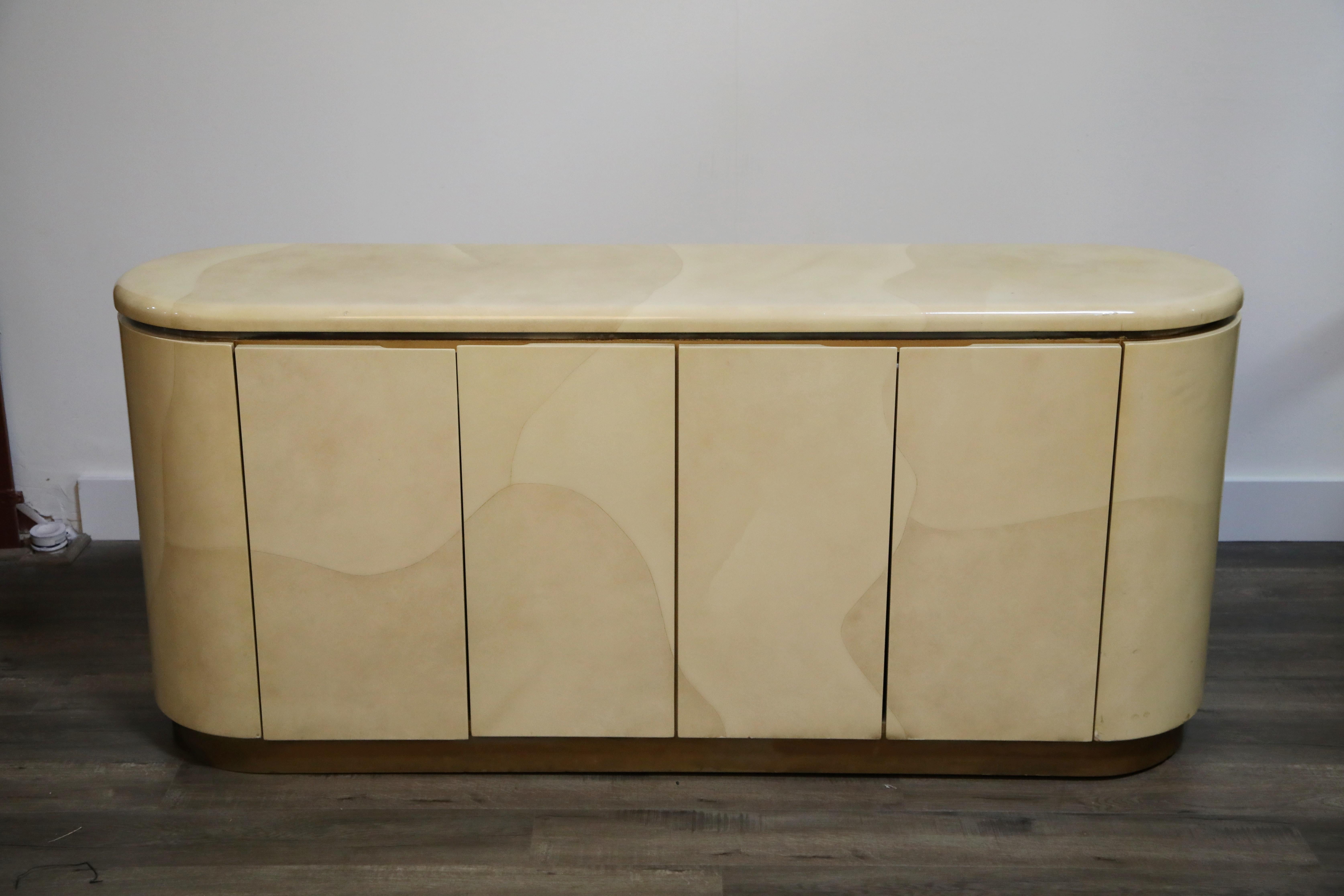 Lacquered Goatskin with Brass Detail Sideboard Style of Karl Springer, 1970s 7