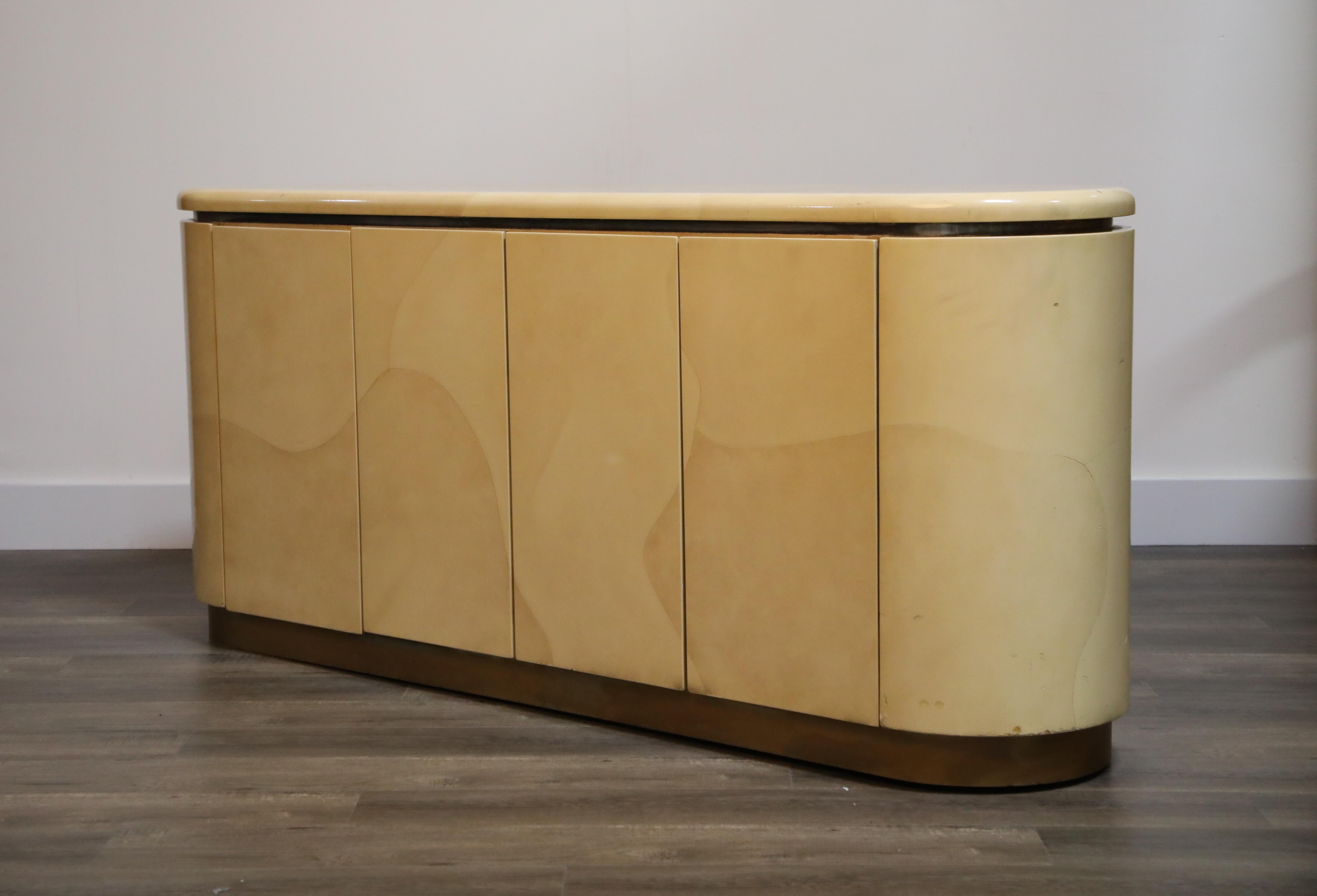 Mid-Century Modern Lacquered Goatskin with Brass Detail Sideboard Style of Karl Springer, 1970s