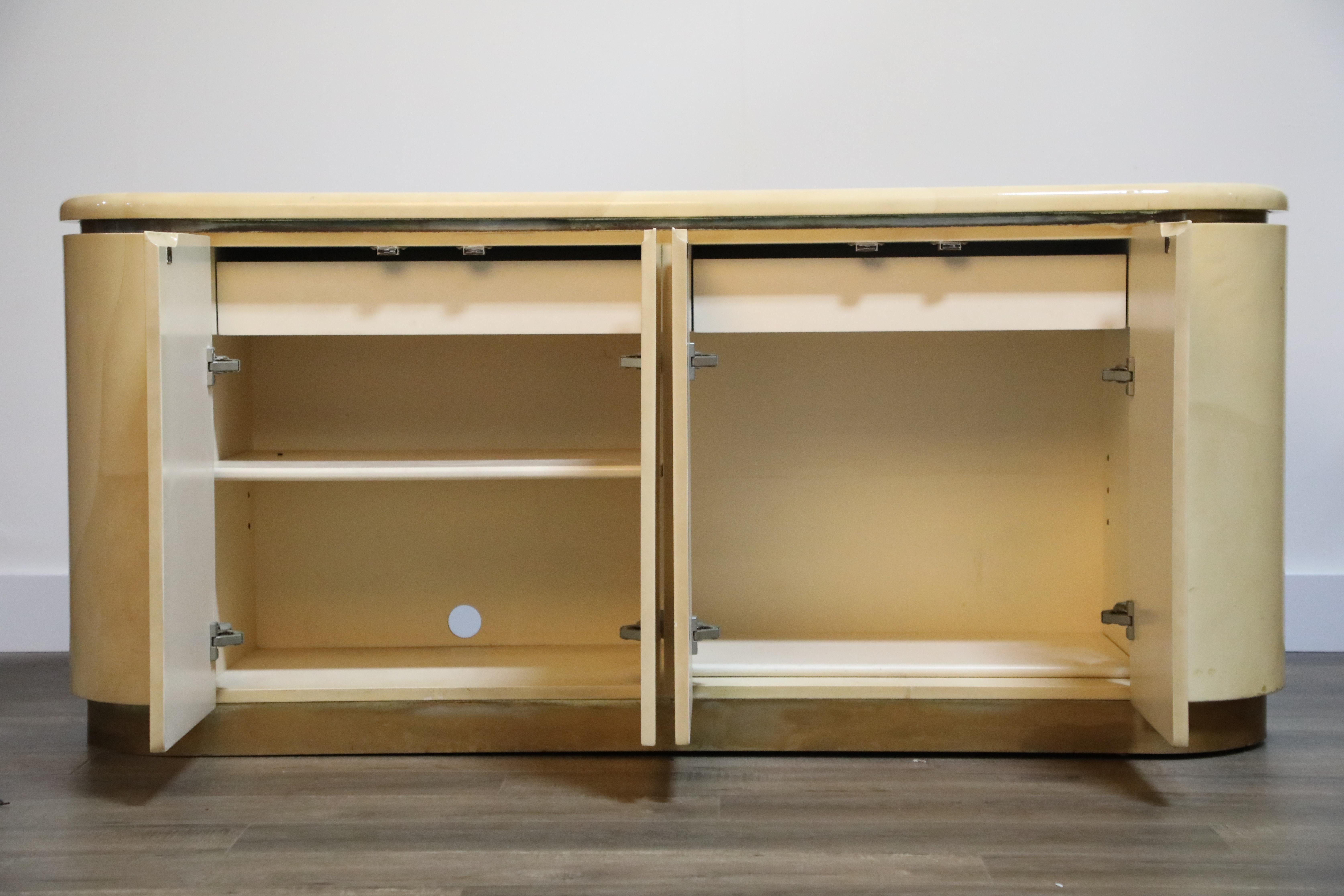 American Lacquered Goatskin with Brass Detail Sideboard Style of Karl Springer, 1970s