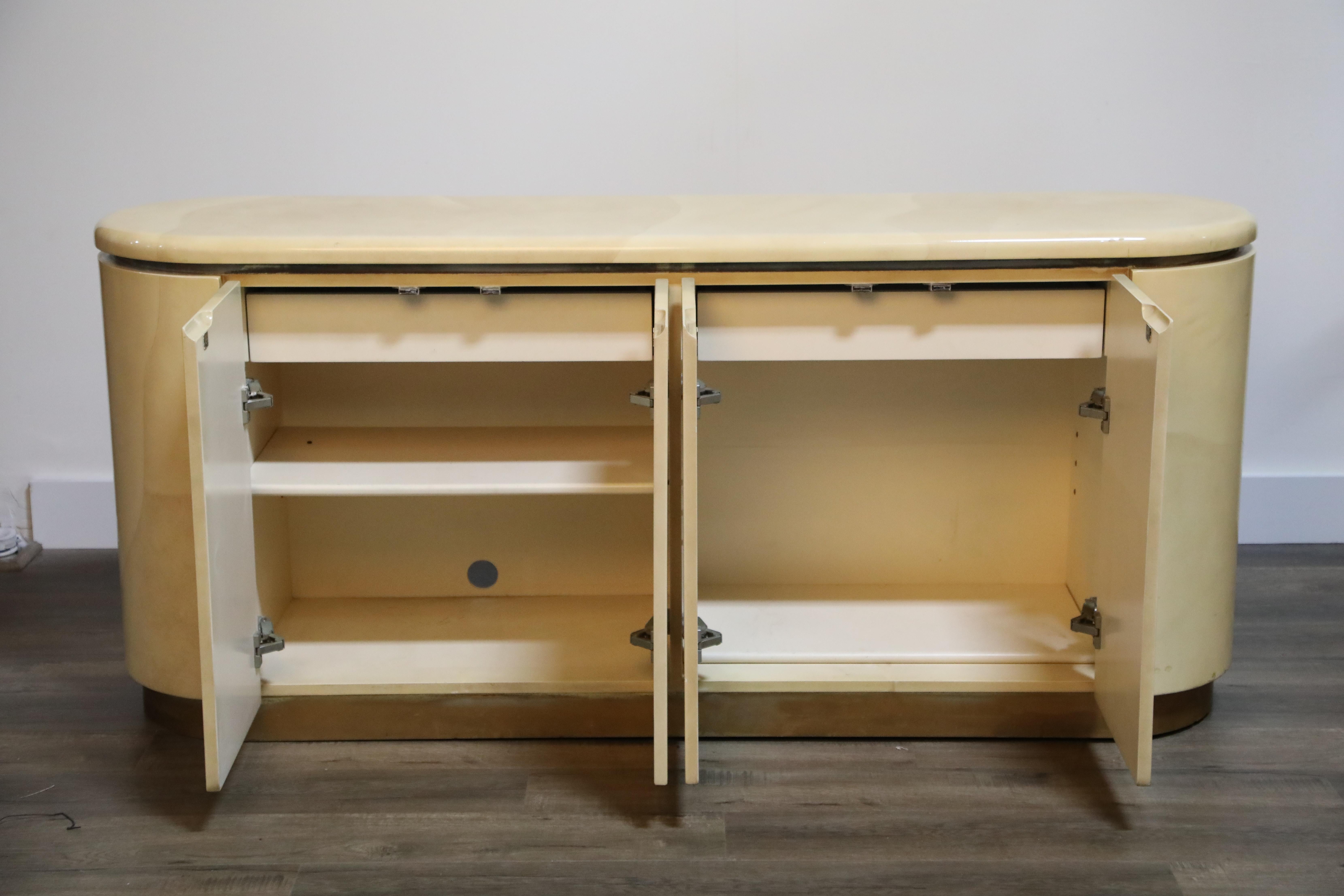 Late 20th Century Lacquered Goatskin with Brass Detail Sideboard Style of Karl Springer, 1970s