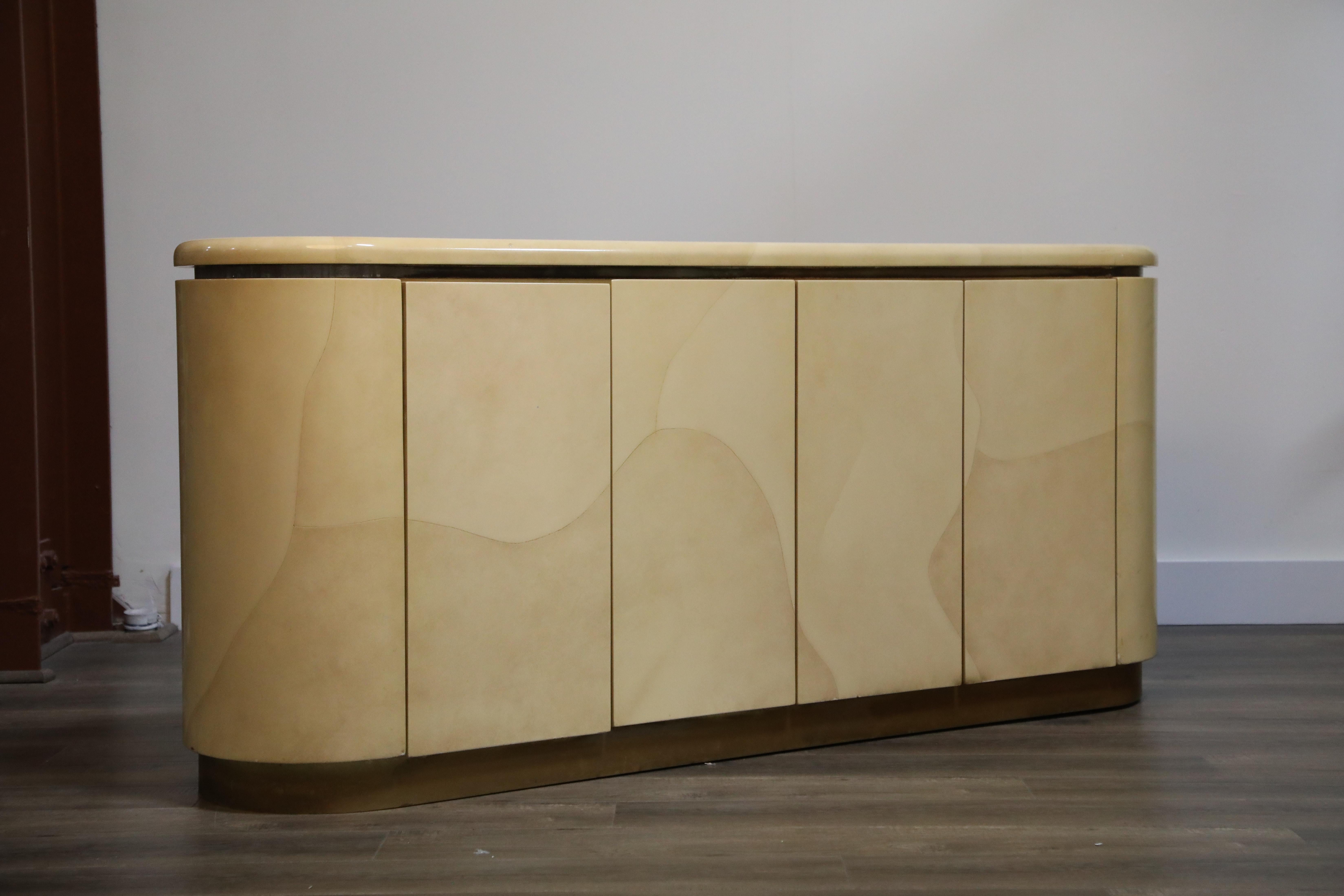 Mid-Century Modern Lacquered Goatskin with Brass Detail Sideboard Style of Karl Springer, 1970s
