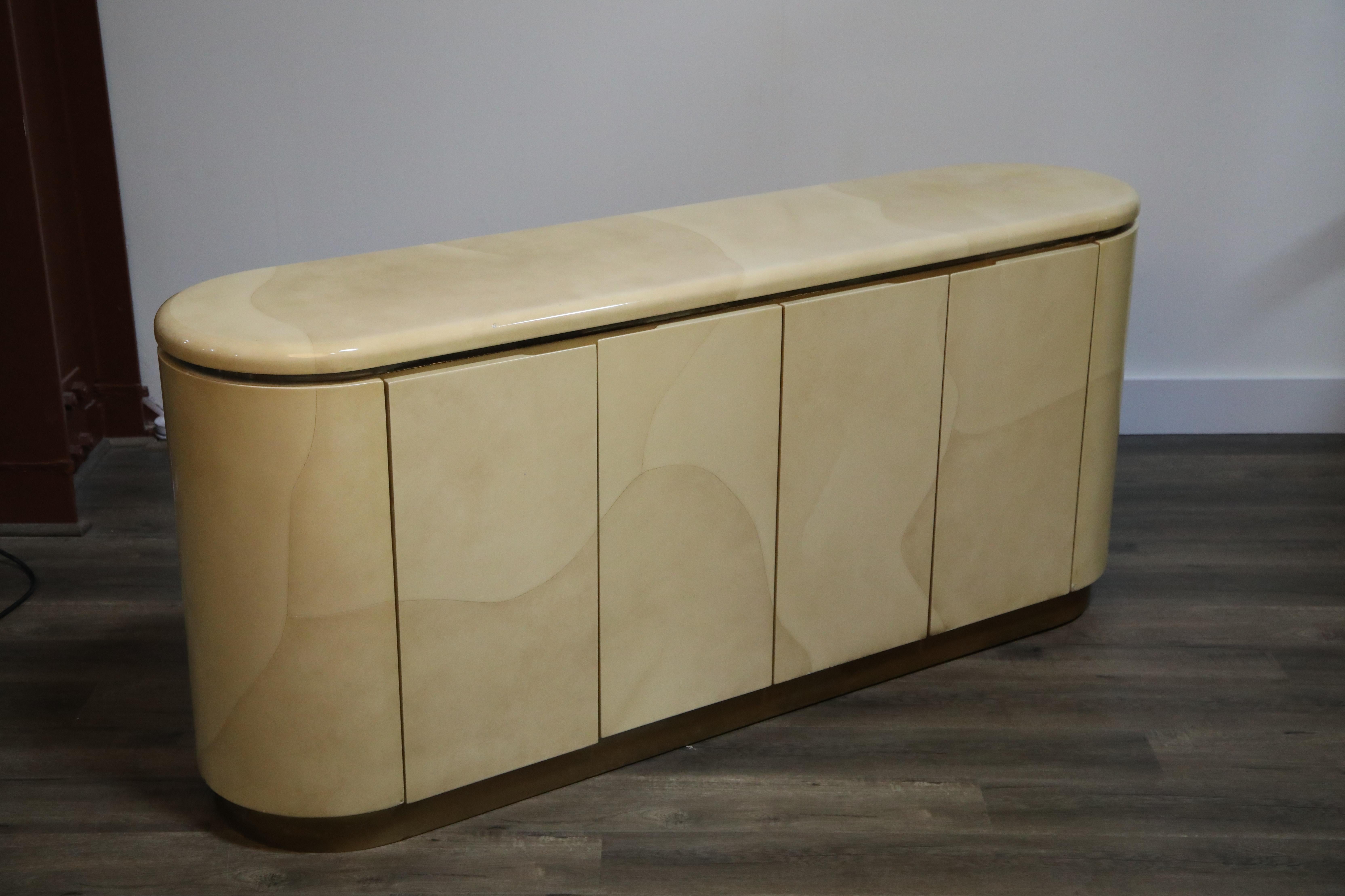 Late 20th Century Lacquered Goatskin with Brass Detail Sideboard Style of Karl Springer, 1970s