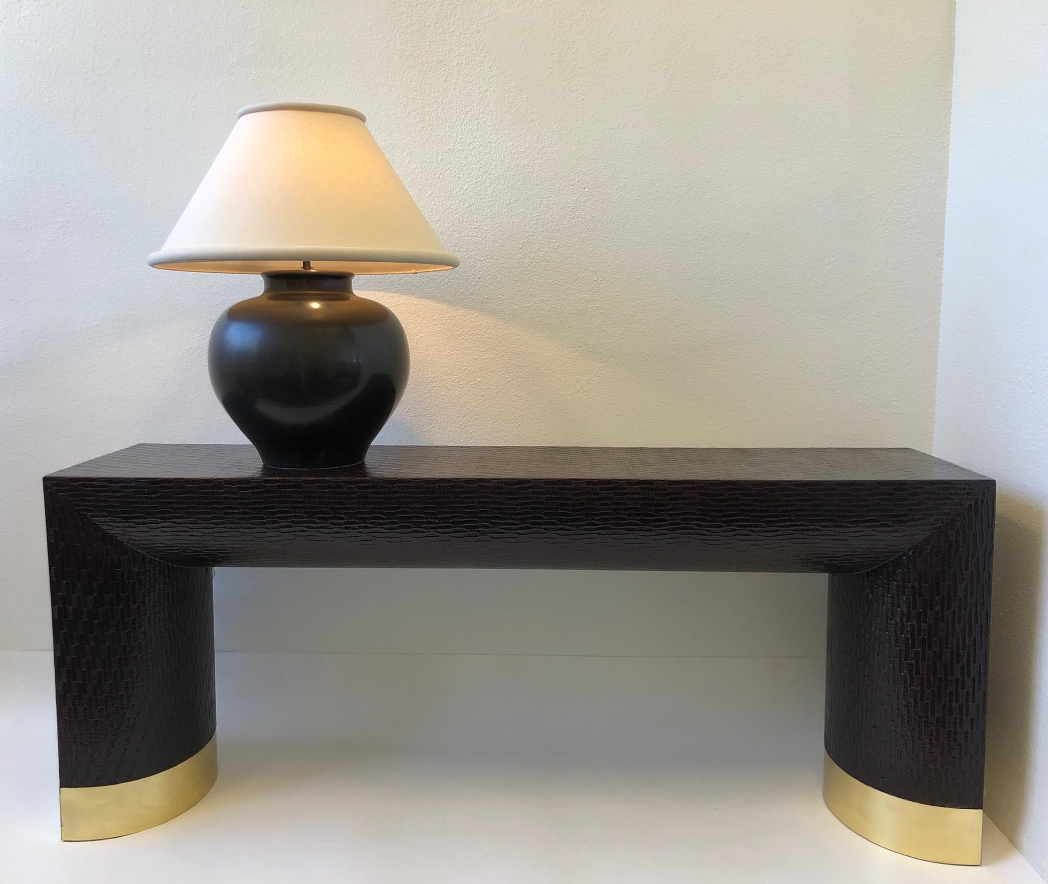 Lacquered Grasscloth and Brass Console Table by Baker Furniture 5