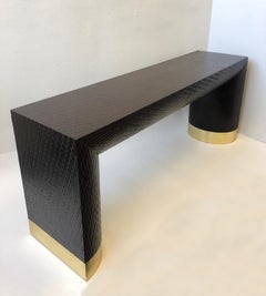 Lacquered Grasscloth and Brass Console Table by Baker Furniture