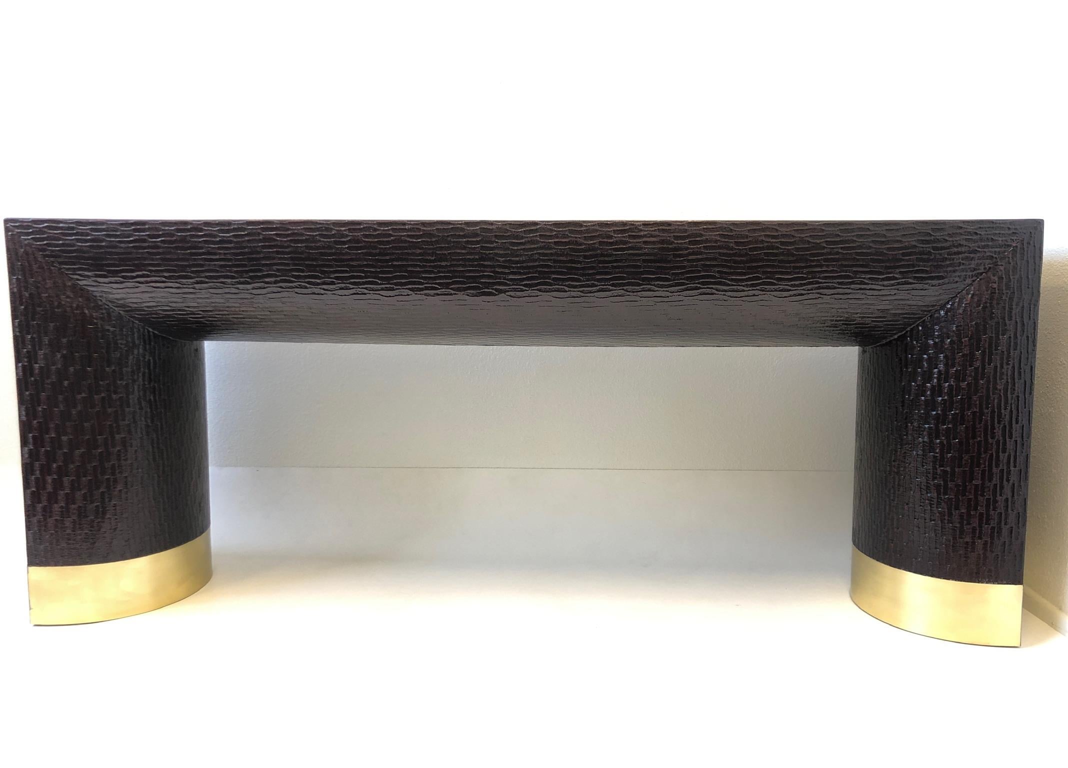 Modern Lacquered Grasscloth and Brass Console Table by Baker Furniture