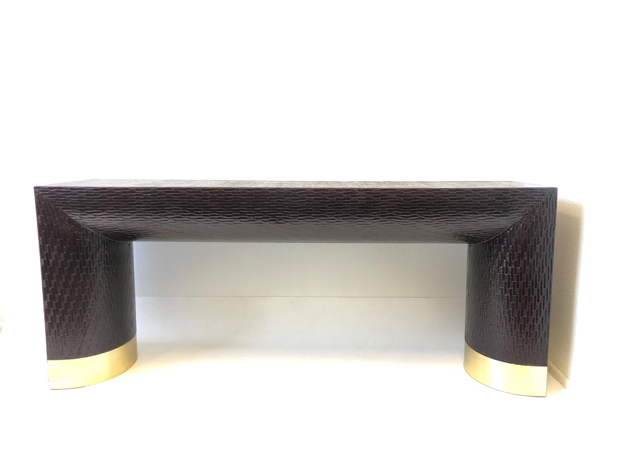 American Lacquered Grasscloth and Brass Console Table by Baker Furniture
