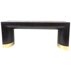 Lacquered Grasscloth and Brass Console Table by Baker Furniture