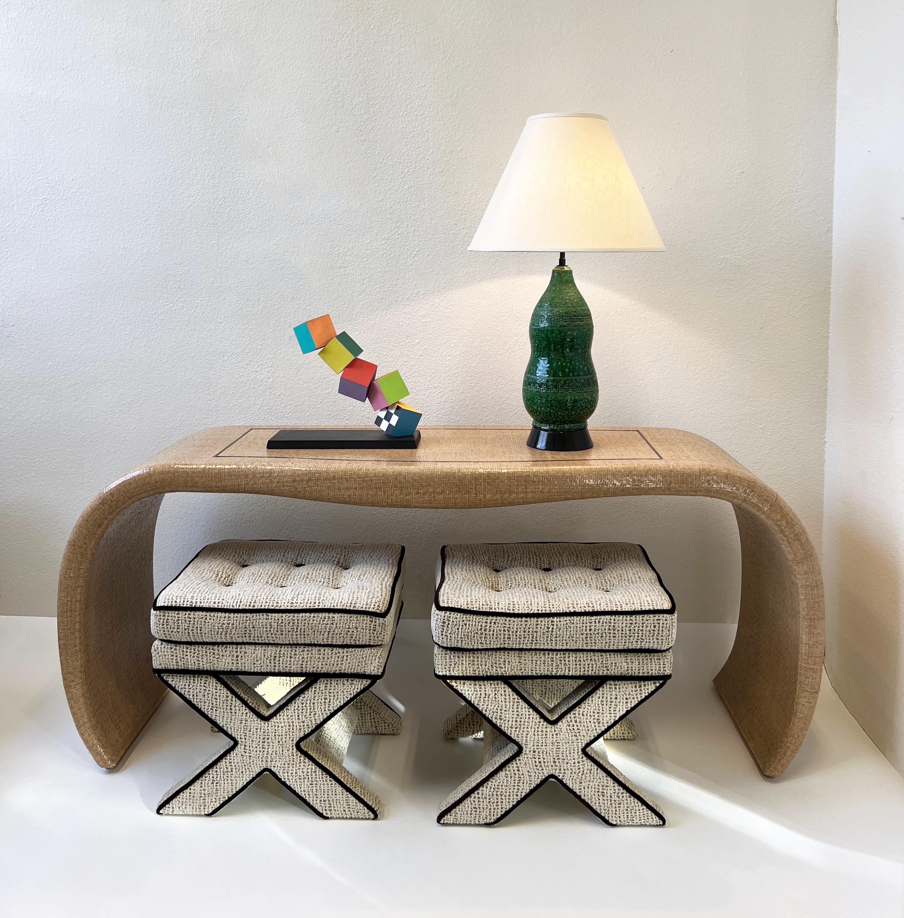 Lacquered Grasscloth and Brass Waterfall Console Table For Sale 3