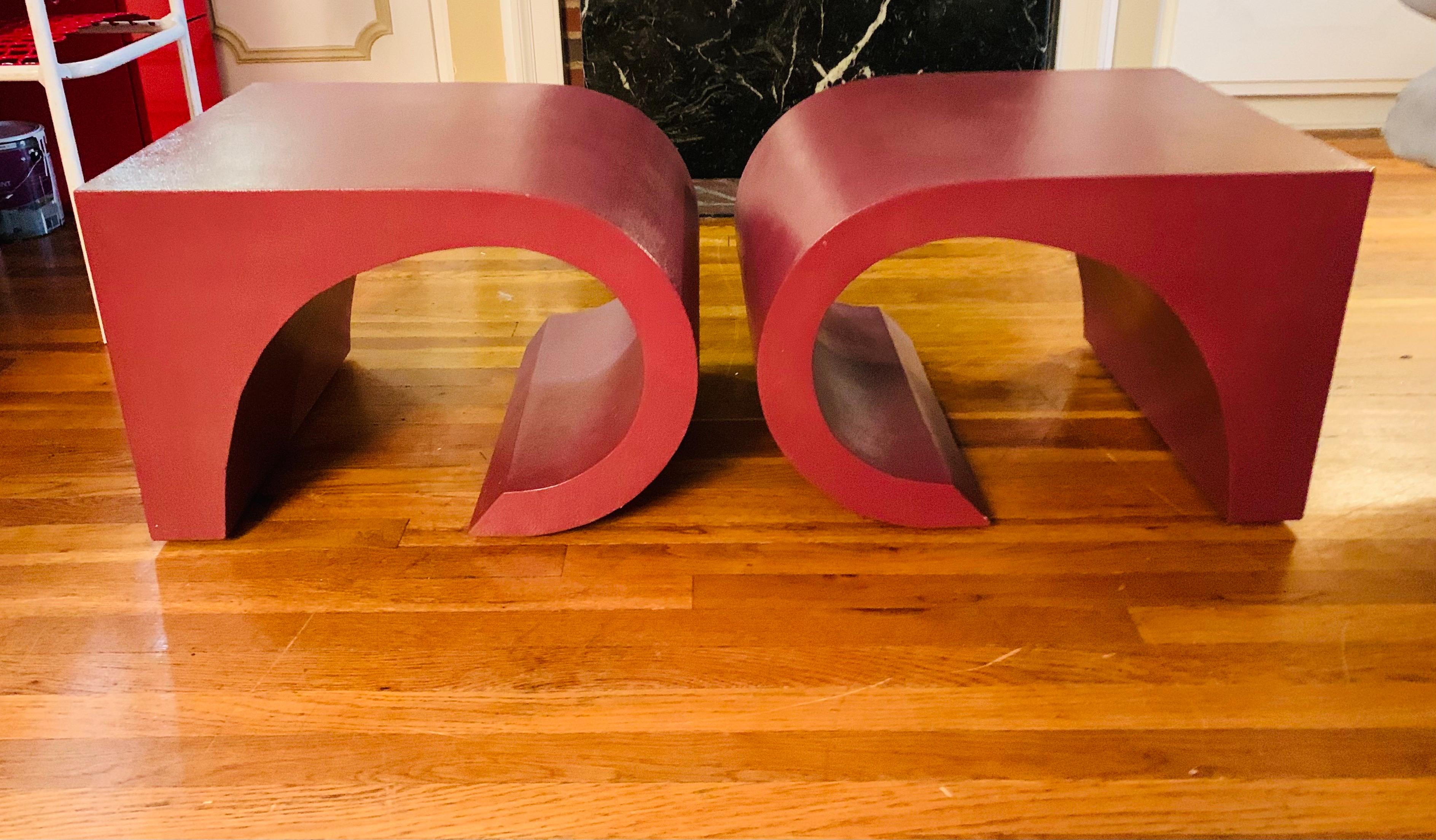 Post-Modern Modern Lacquered Grasscloth-Wrapped Sculptural End Tables ca. 1980's