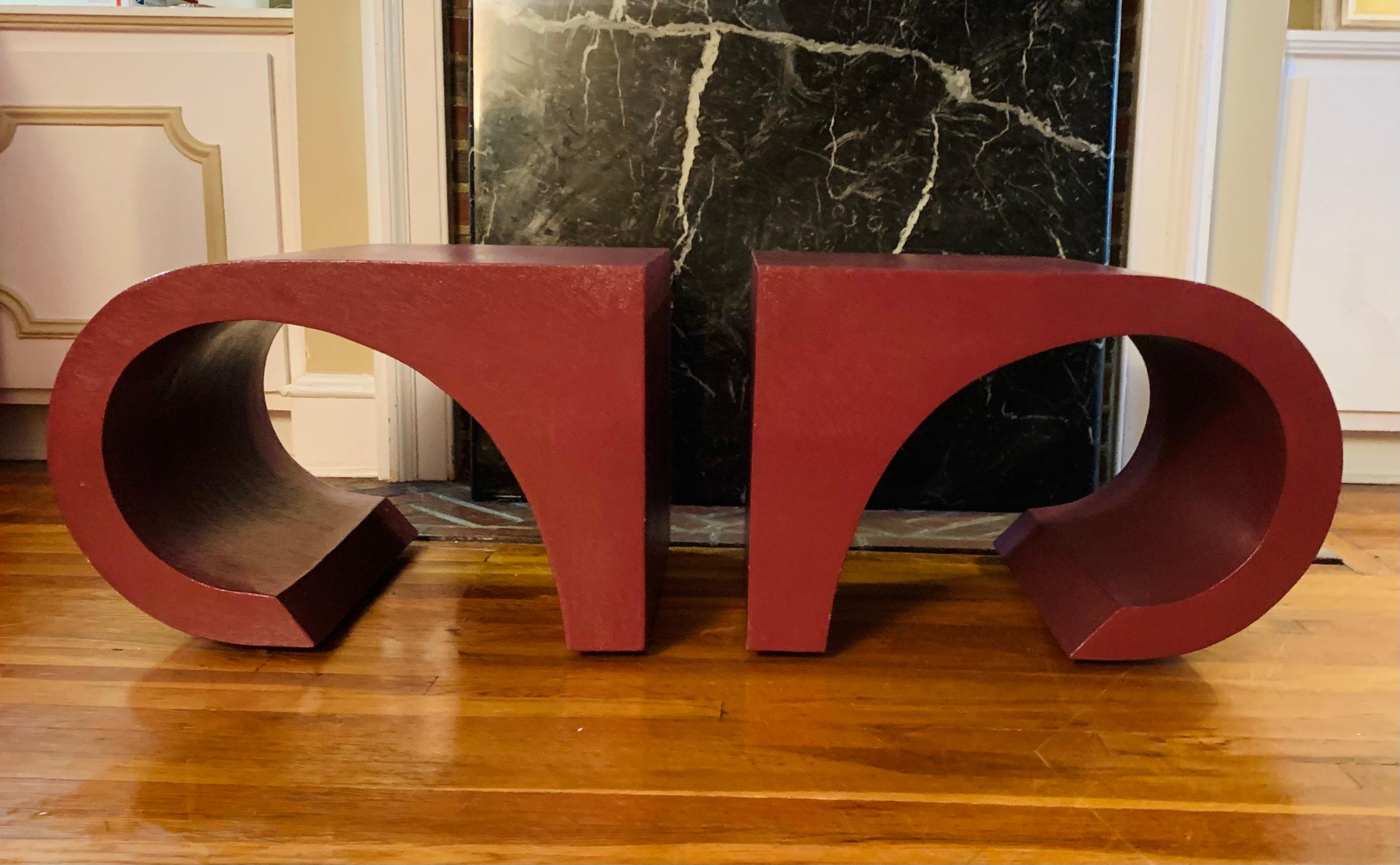 Modern Lacquered Grasscloth-Wrapped Sculptural End Tables ca. 1980's In Good Condition In Philadelphia, PA