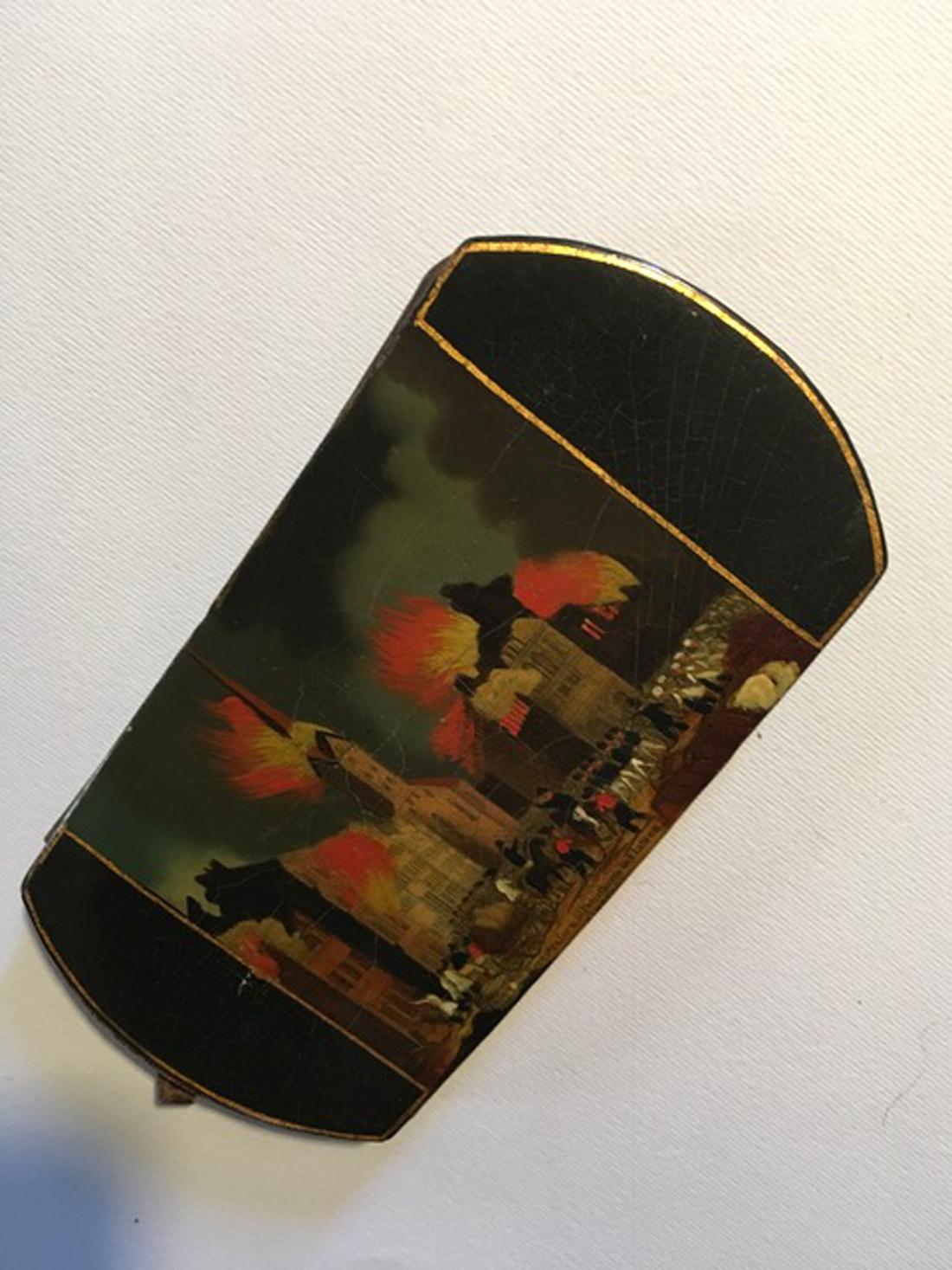 Mid-19th Century Dutch Lacquered Hamburg Fire Scene Wood Snuff Box For Sale 9