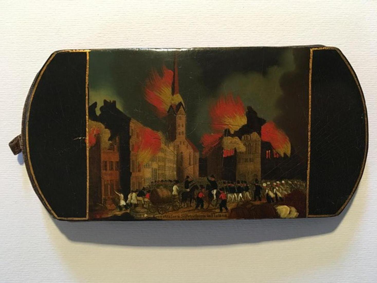 Hand-Crafted Mid-19th Century Dutch Lacquered Hamburg Fire Scene Wood Snuff Box For Sale