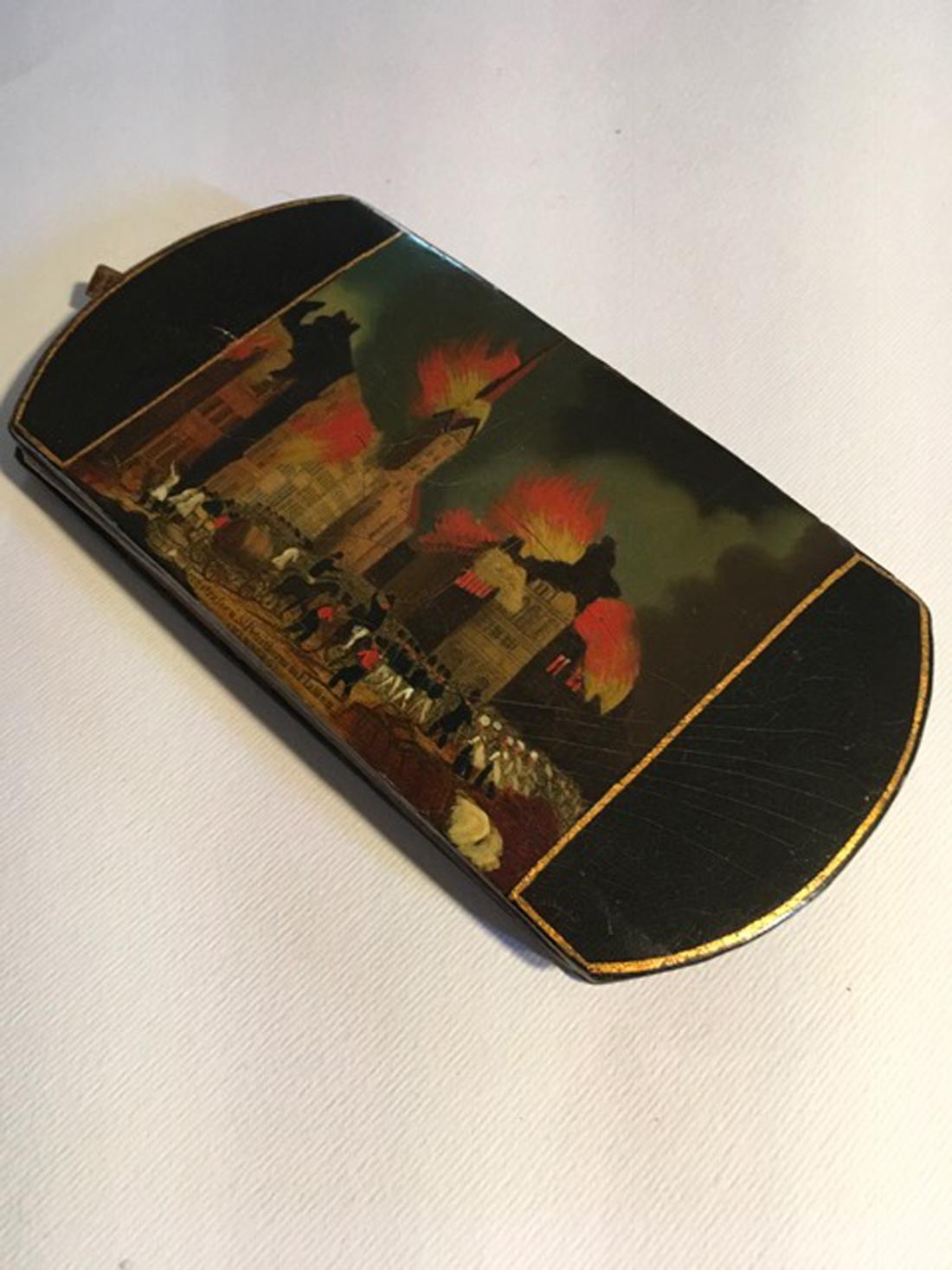 Mid-19th Century Dutch Lacquered Hamburg Fire Scene Wood Snuff Box For Sale 1