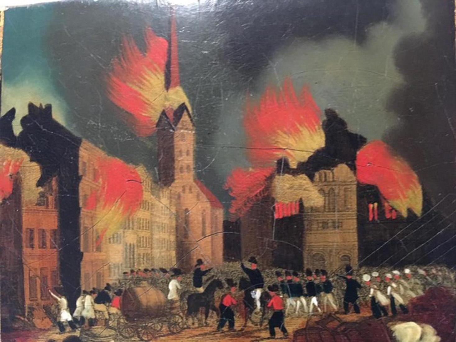 Mitte des 19. Jahrhunderts Niederländisch Lackiert Hamburg Feuer Szene Holz Schnupftabakdose im Angebot 1