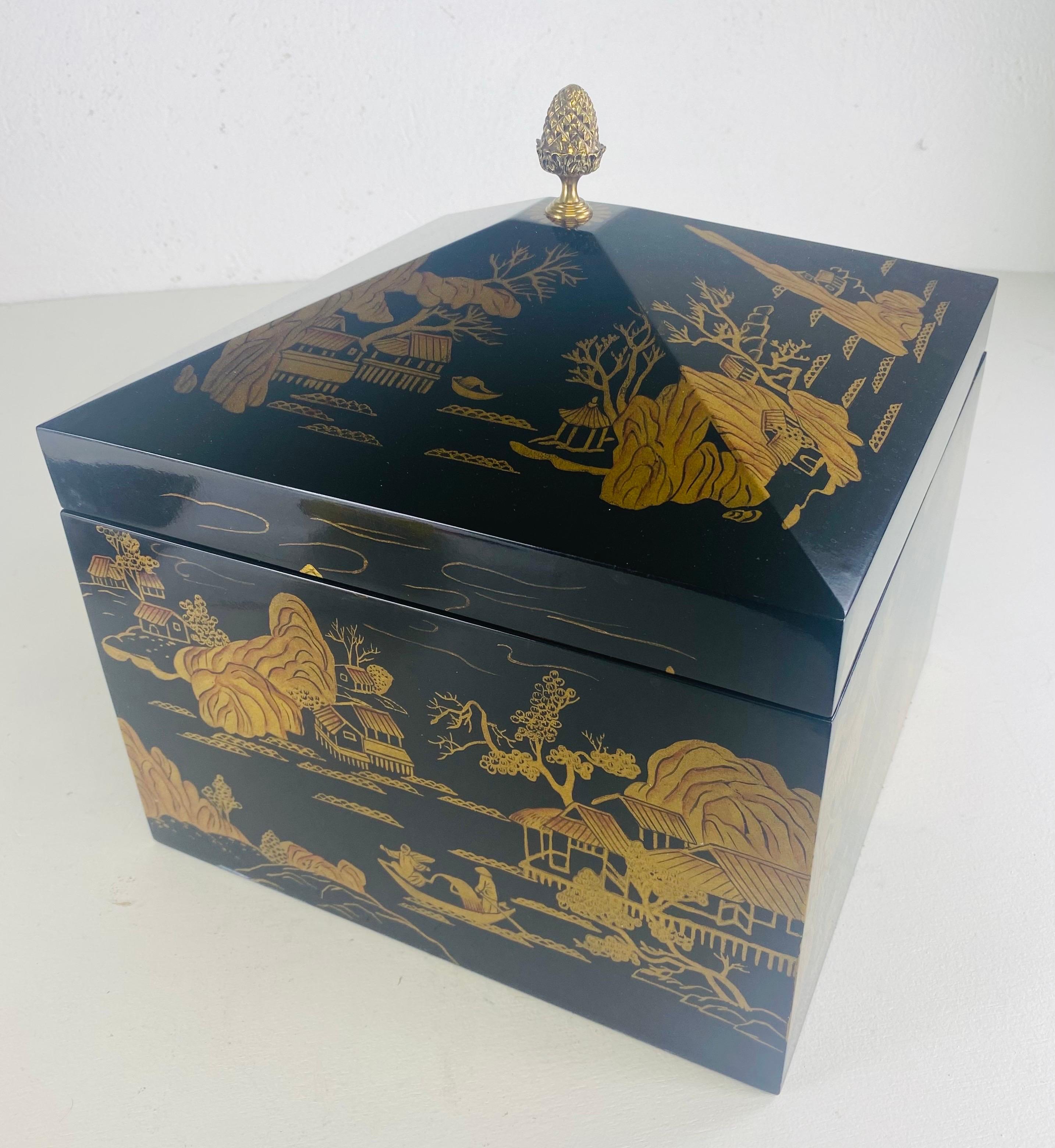 Lacquered hand painted chinoiserie chest by Maitland Smith 3