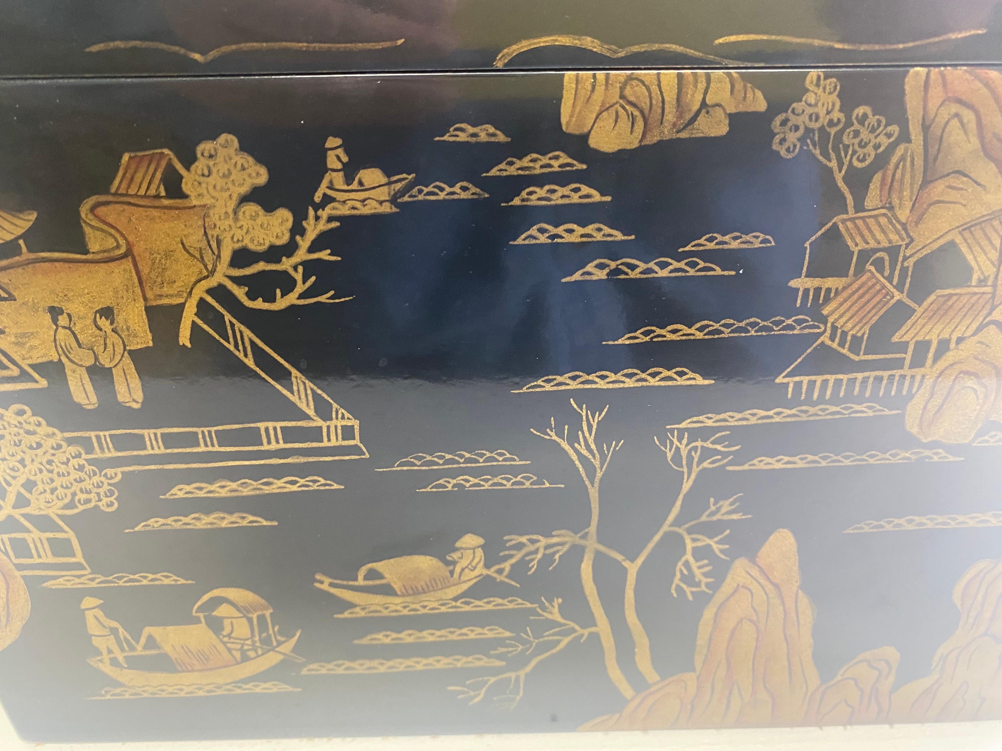 Lacquered hand painted chinoiserie chest by Maitland Smith In Good Condition In Allentown, PA