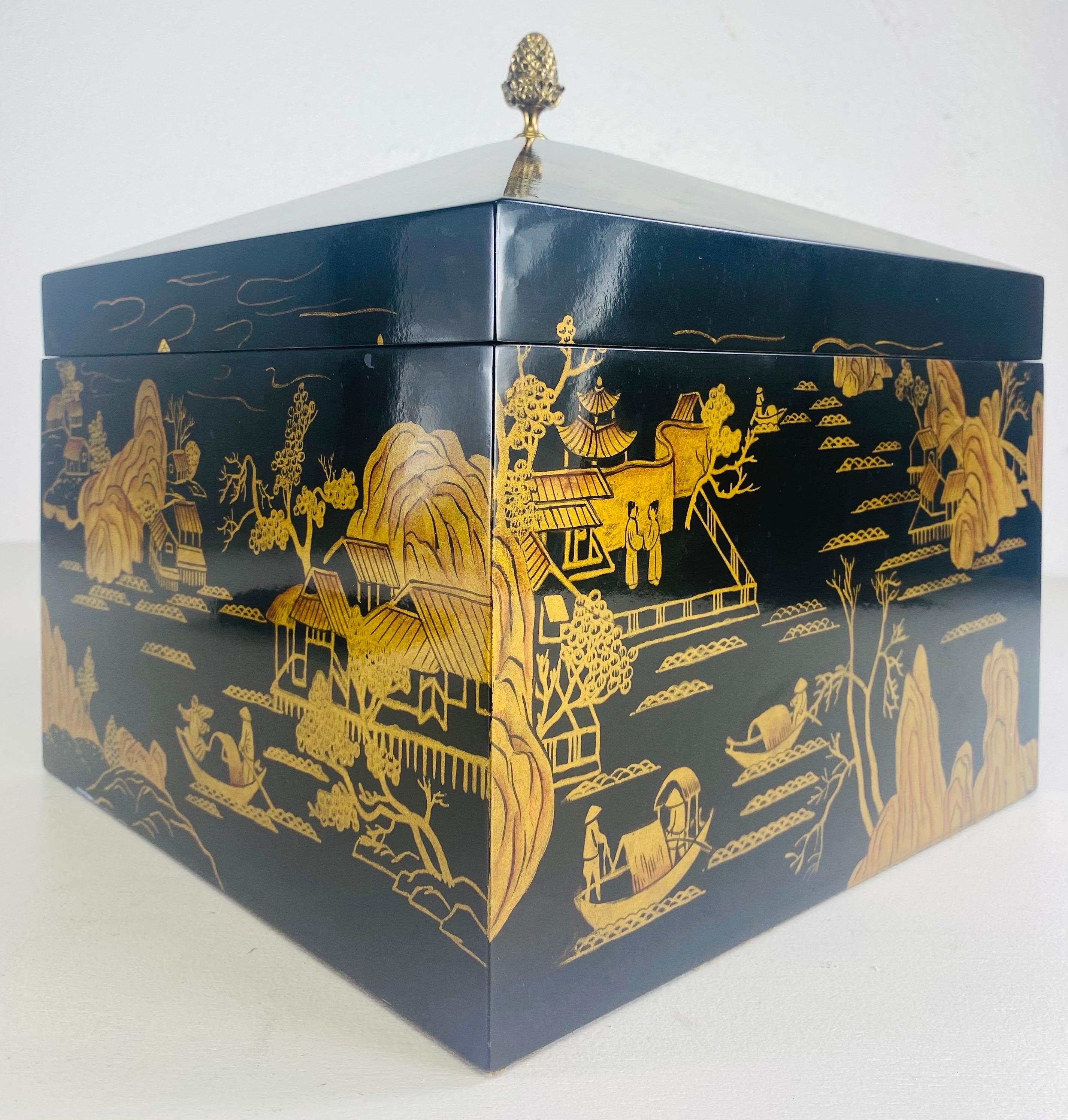 Late 20th Century Lacquered hand painted chinoiserie chest by Maitland Smith