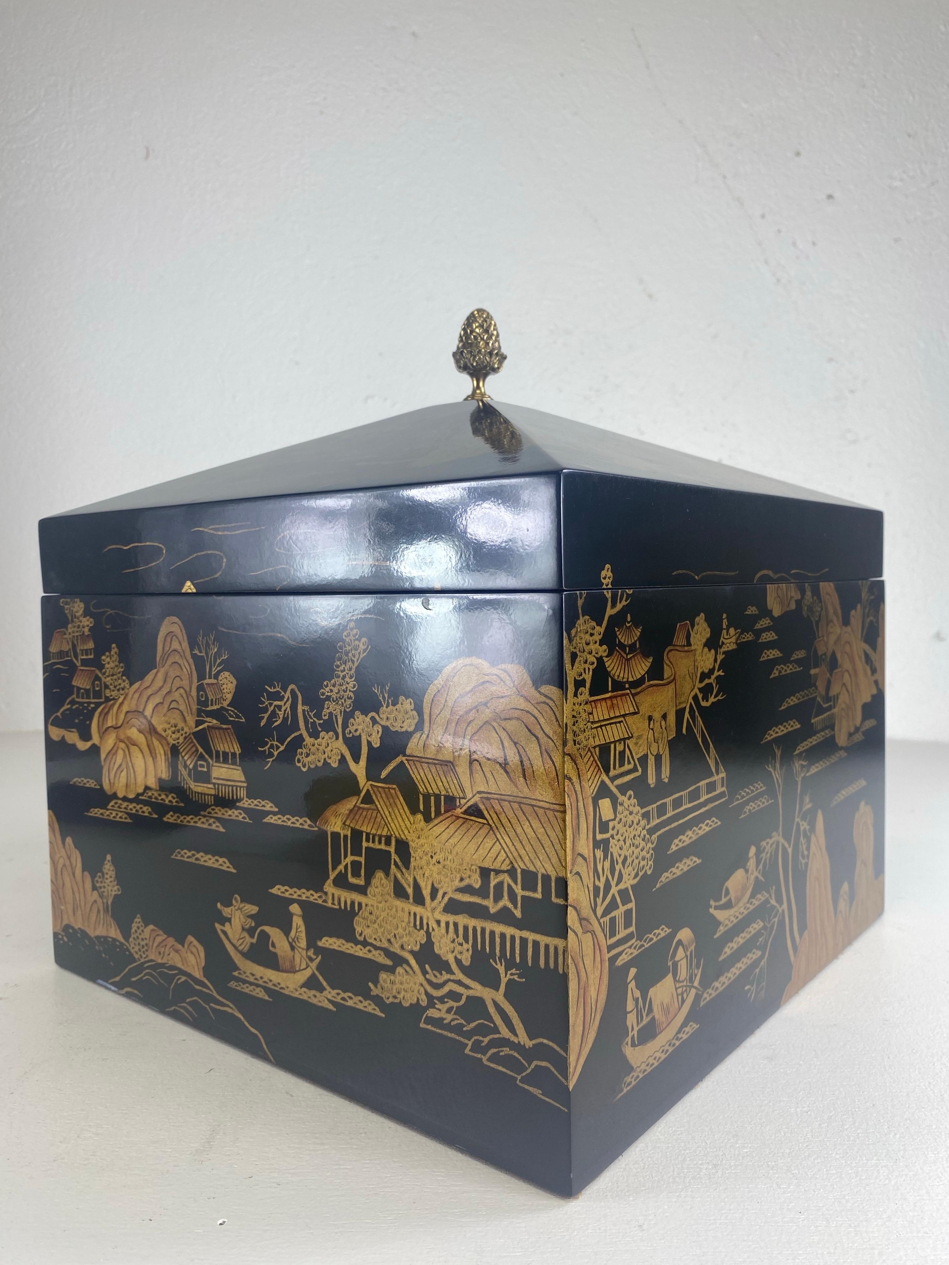 Lacquered hand painted chinoiserie chest by Maitland Smith 1