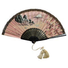 Lacquered Handfan Handpainted Landscape Mount Fuji Mother of Pearl Japan 1900