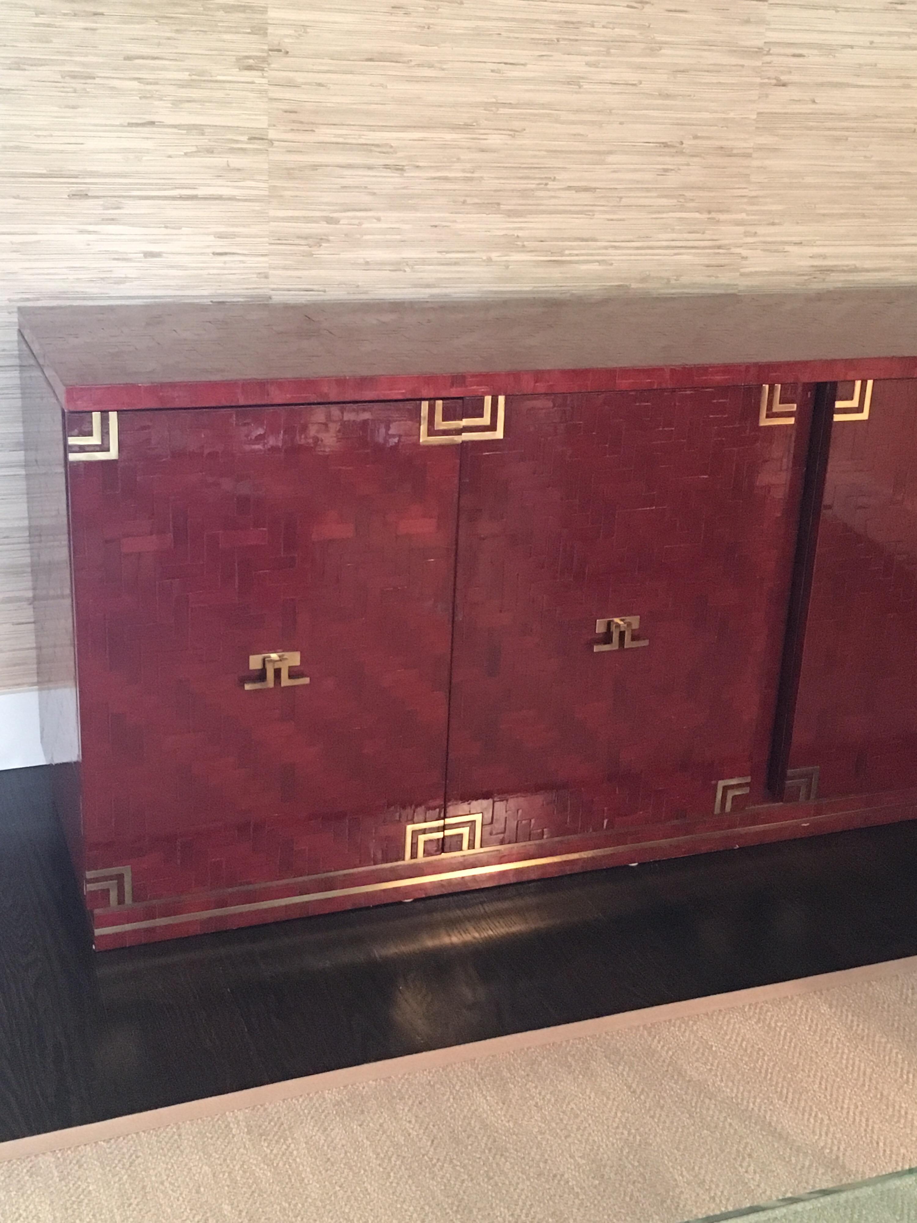 Lacquered Herringbone Credenza with Brass Hardware 4