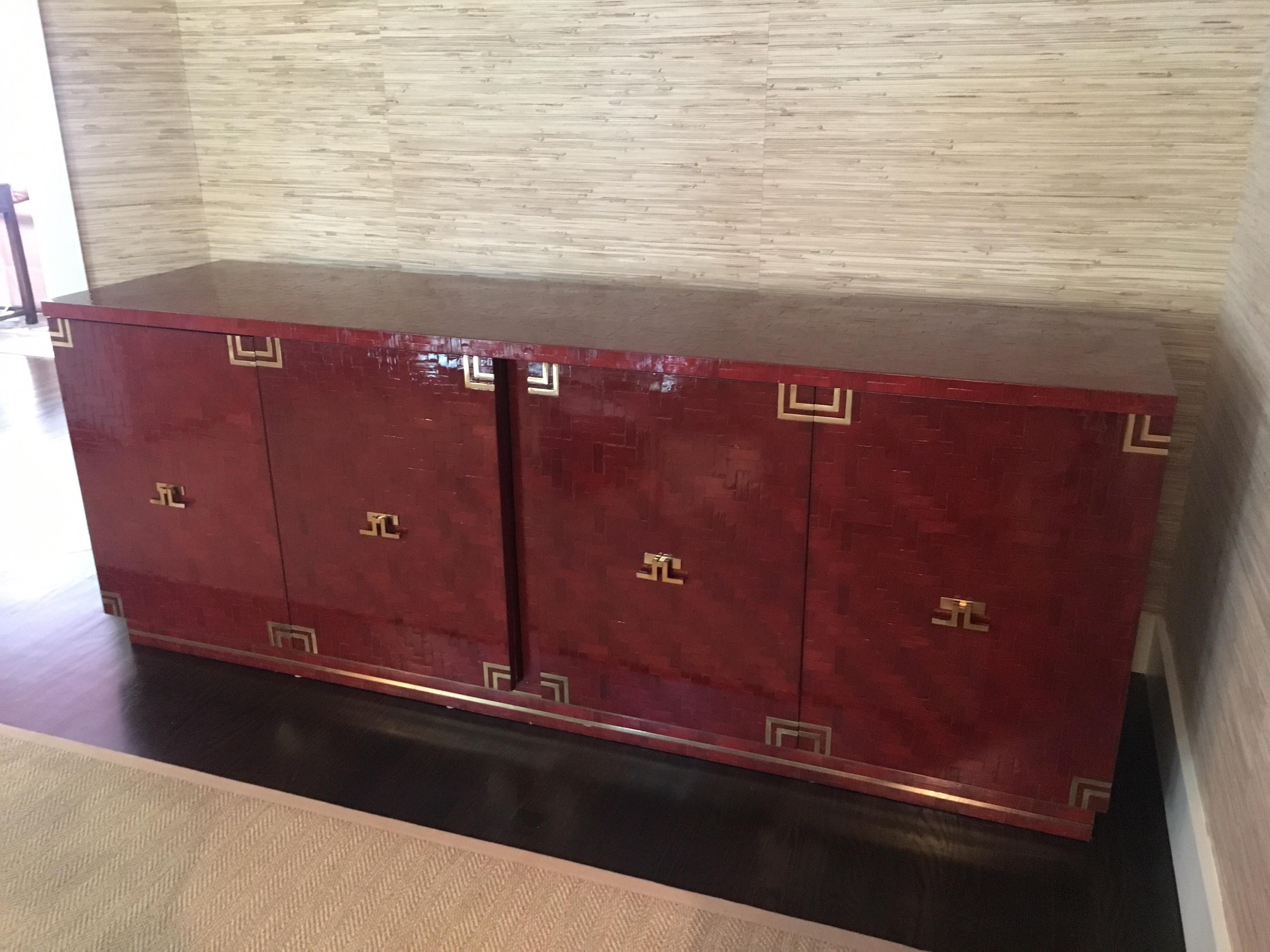 Lacquered Herringbone Credenza with Brass Hardware 8