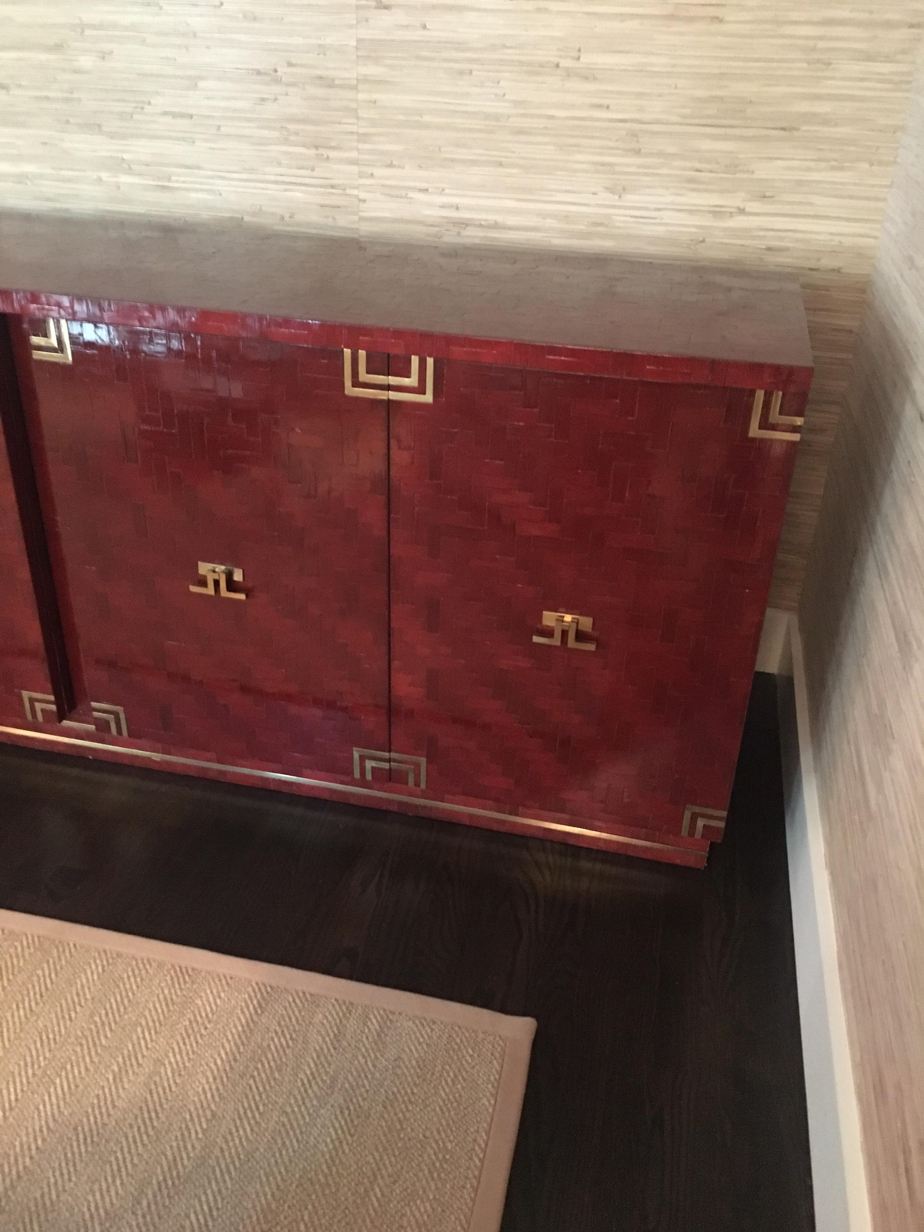 Lacquered Herringbone Credenza with Brass Hardware 11