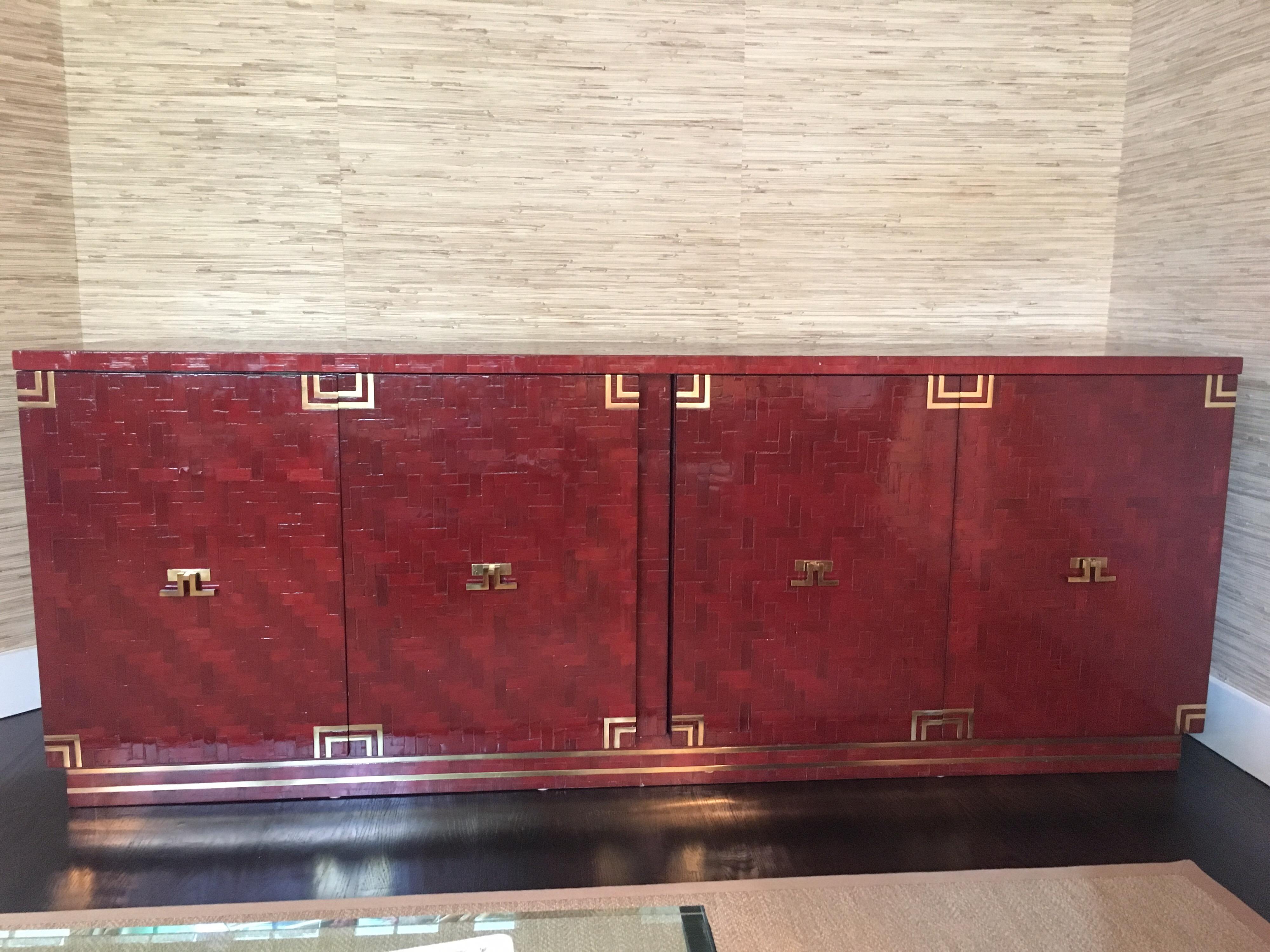 Lacquered Herringbone Credenza with Brass Hardware In Good Condition In Southampton, NY