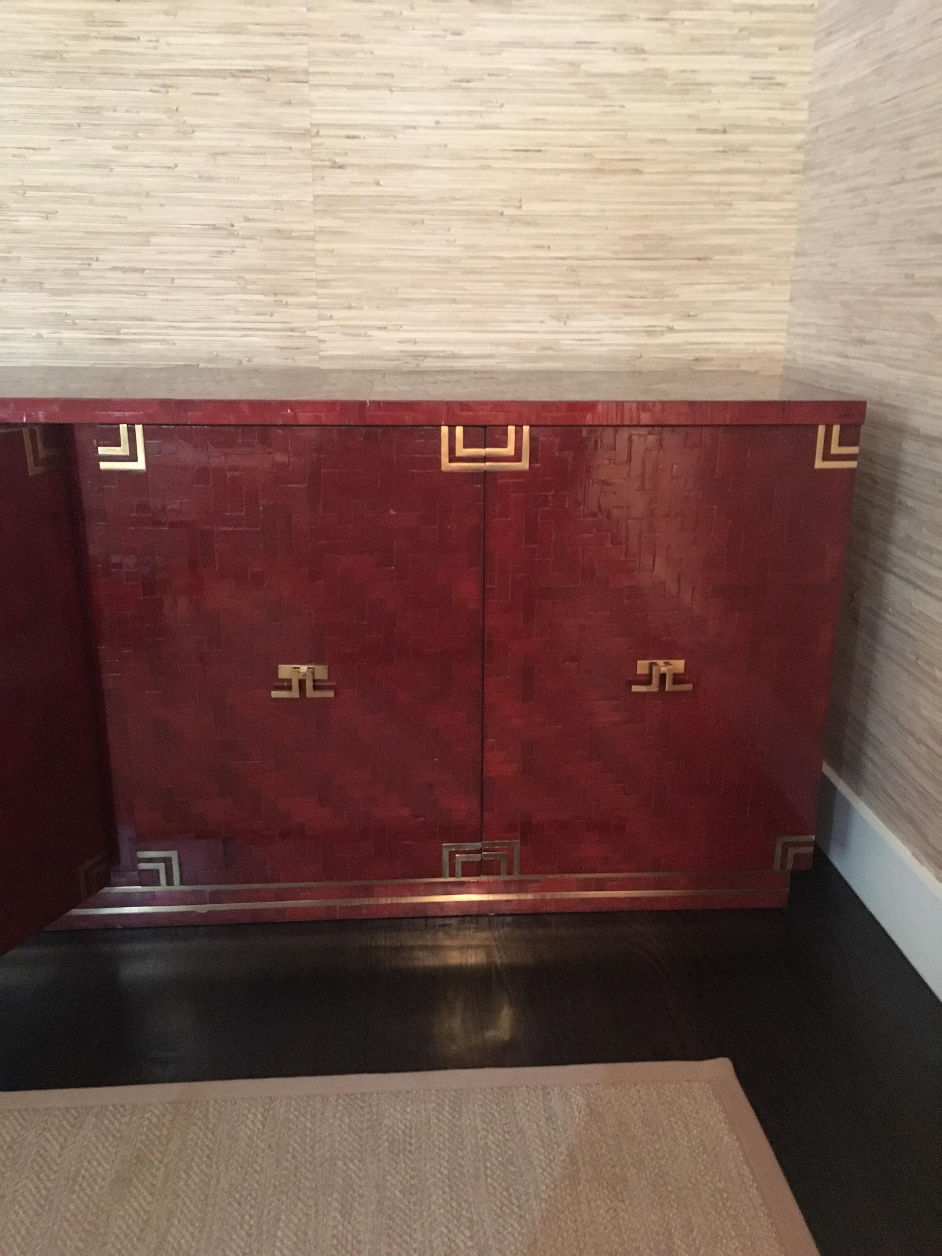 Wood Lacquered Herringbone Credenza with Brass Hardware