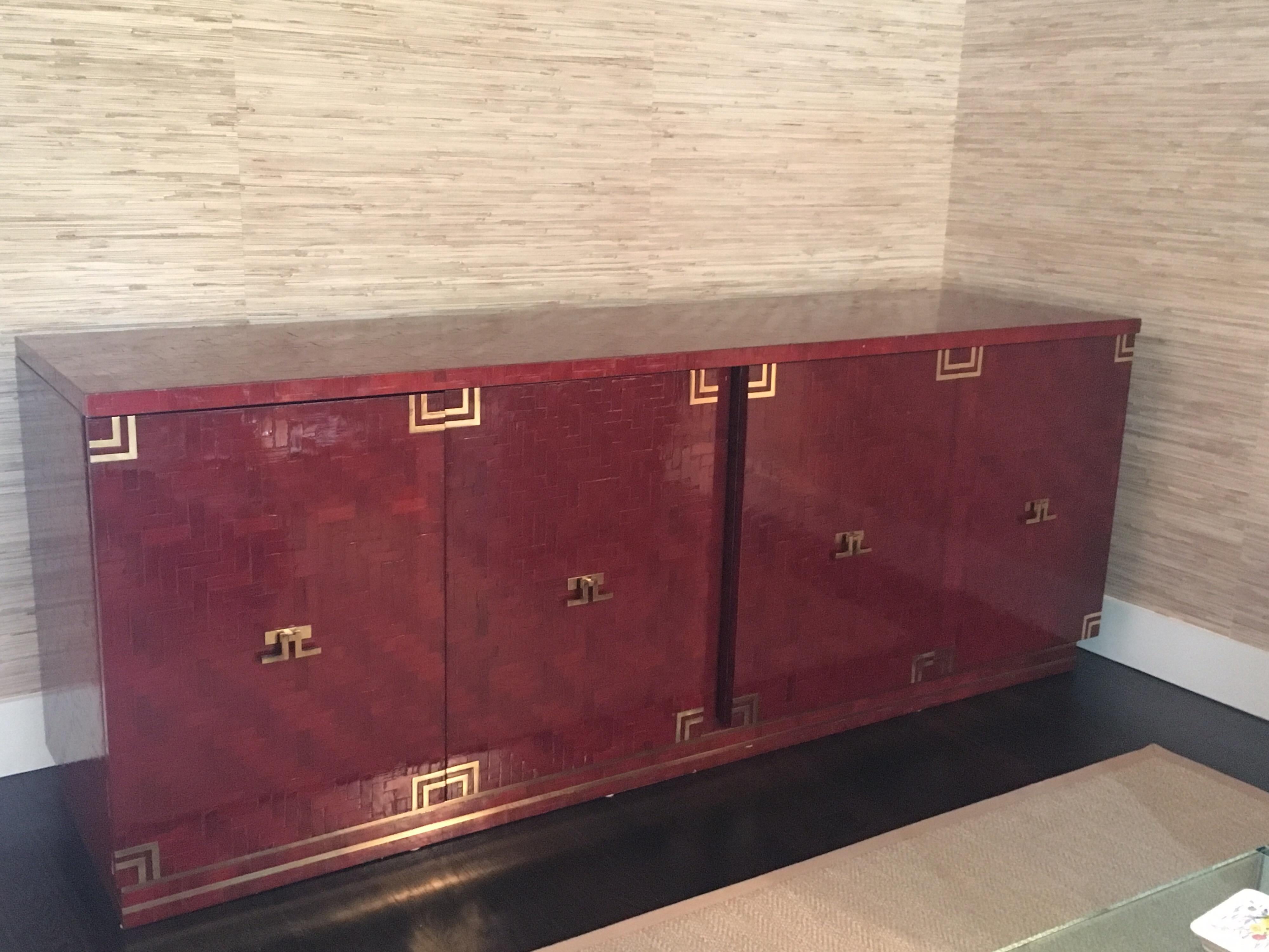 Lacquered Herringbone Credenza with Brass Hardware 2