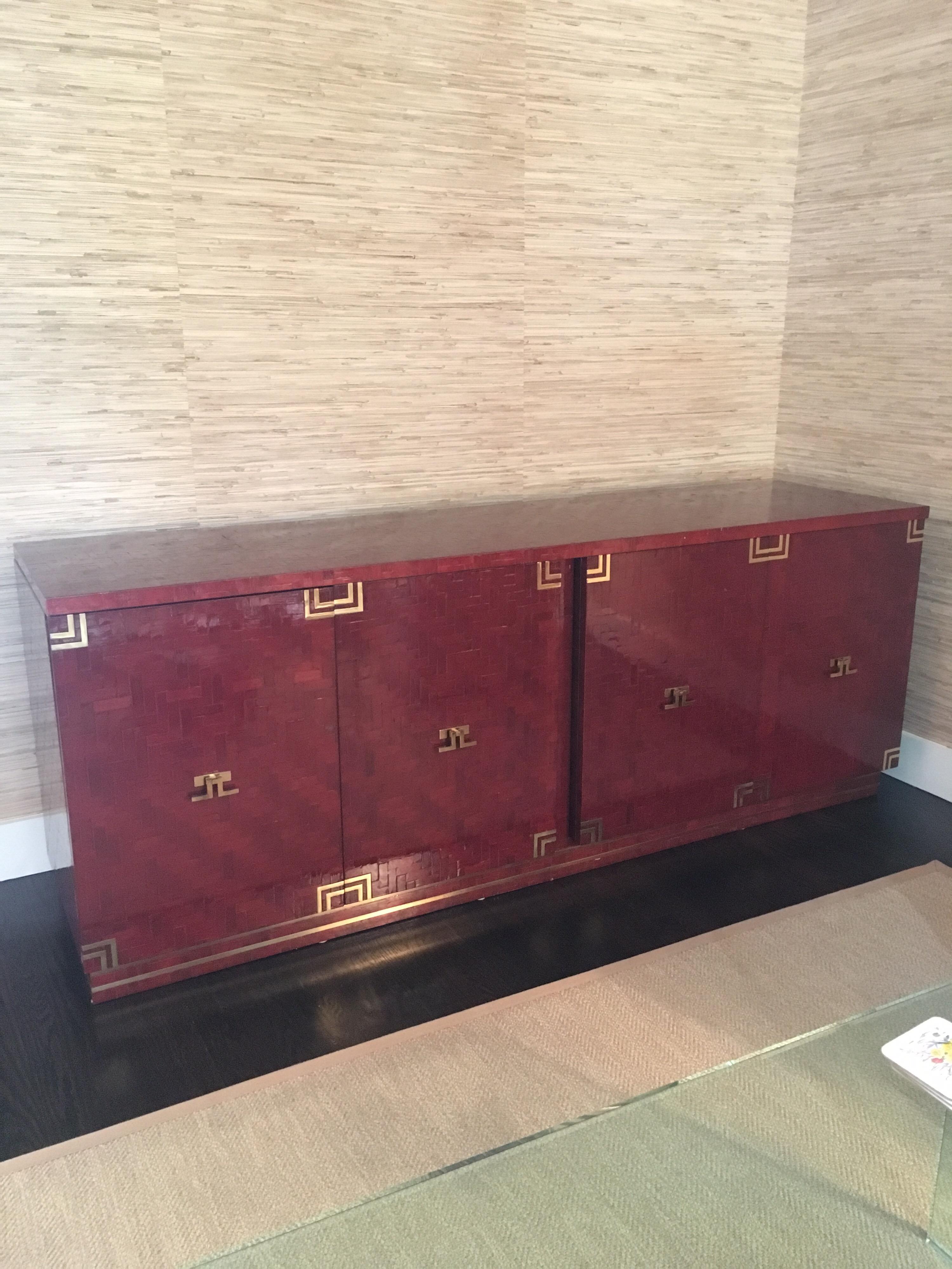 Lacquered Herringbone Credenza with Brass Hardware 3
