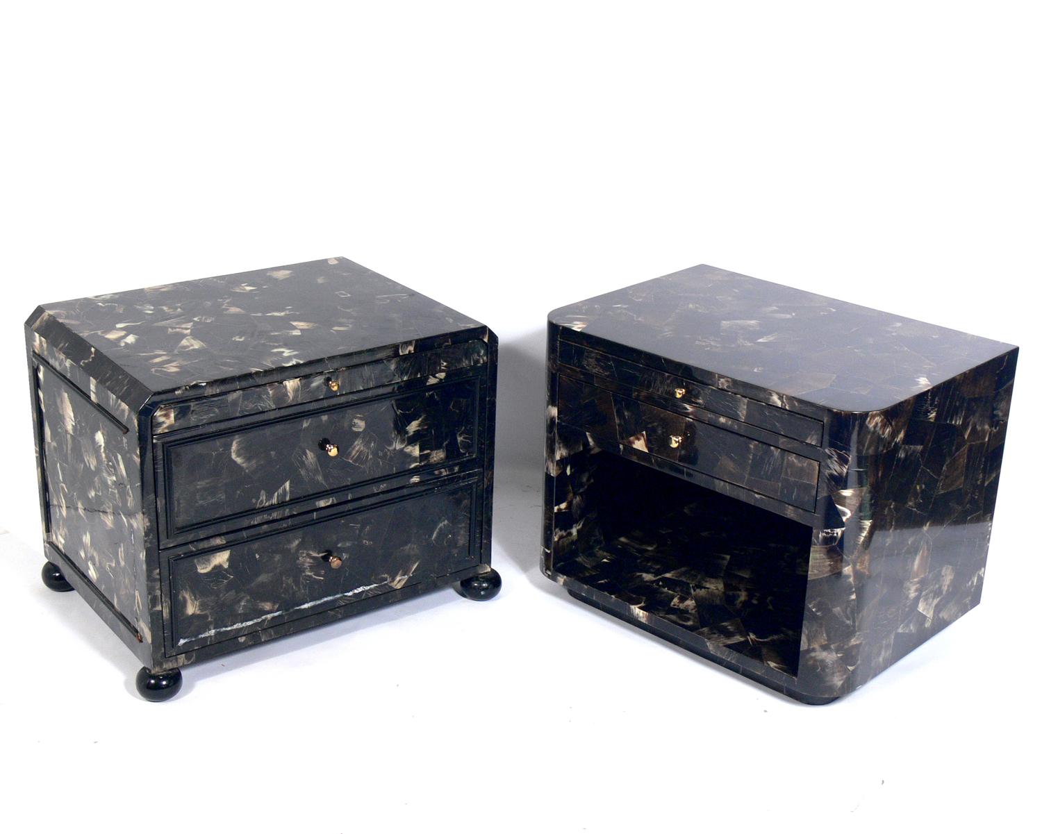 *The one seen on the right has been sold. 

Lacquered horn nightstand or end table, American, circa 1980s. It is constructed of lacquered horn with beautiful color and graining. It is a versatile size and can be used as a nightstand, or as a side or