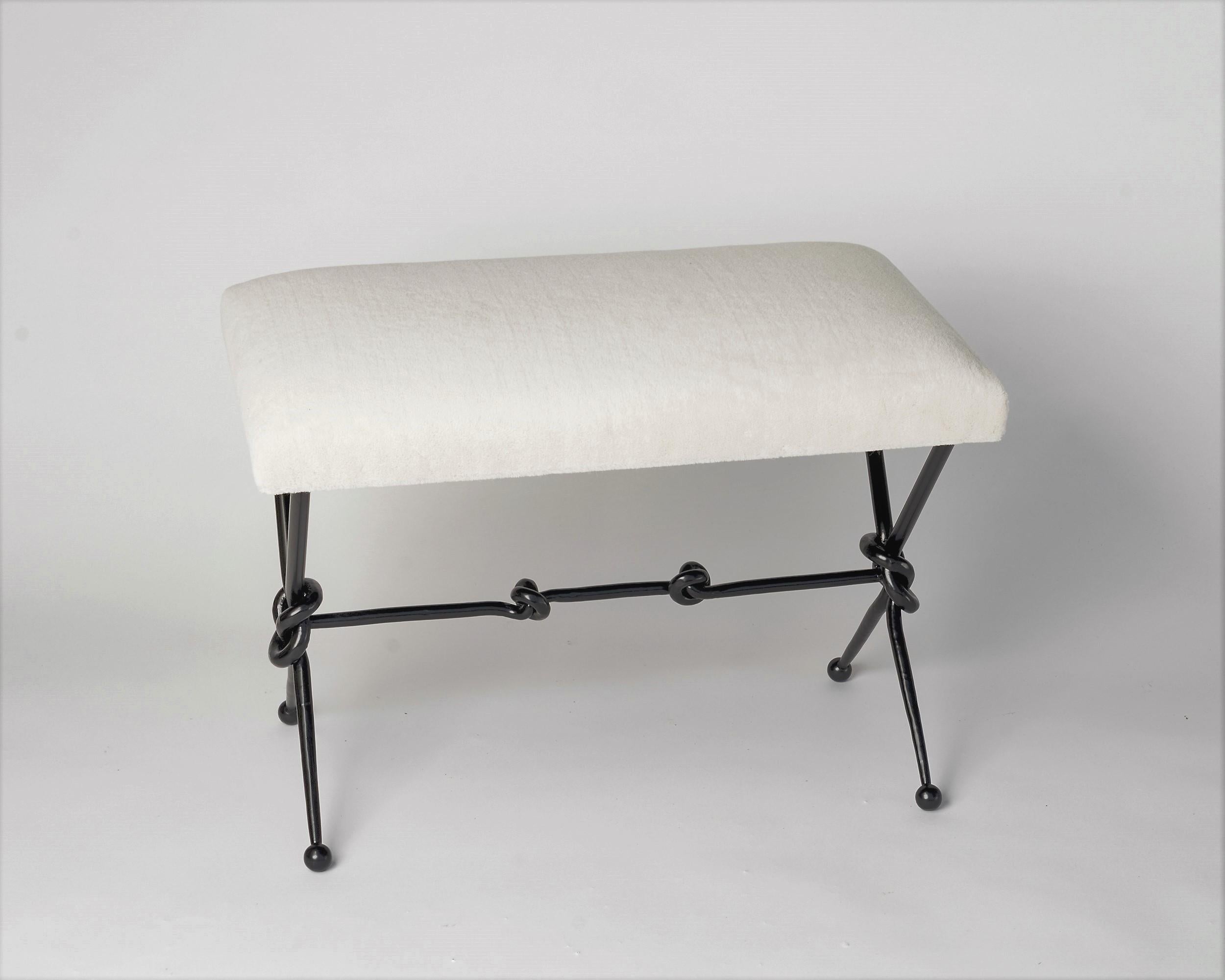 French Lacquered Intricate Wrought Iron Bench with White Frey Mohair Top, France, 1950  For Sale