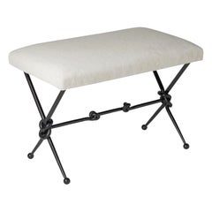Lacquered Intricate Wrought Iron Bench with White Frey Mohair Top, France, 1950
