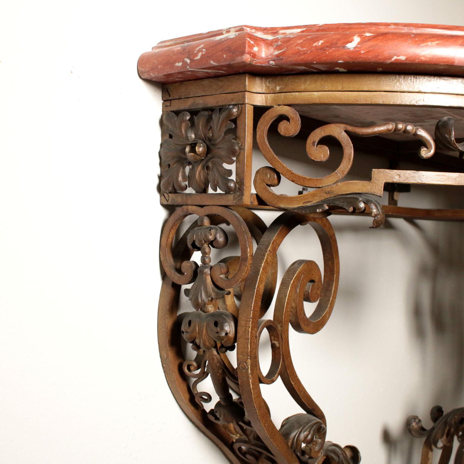 Lacquered Iron Console Table Red Marble, France, Late 1800s 4