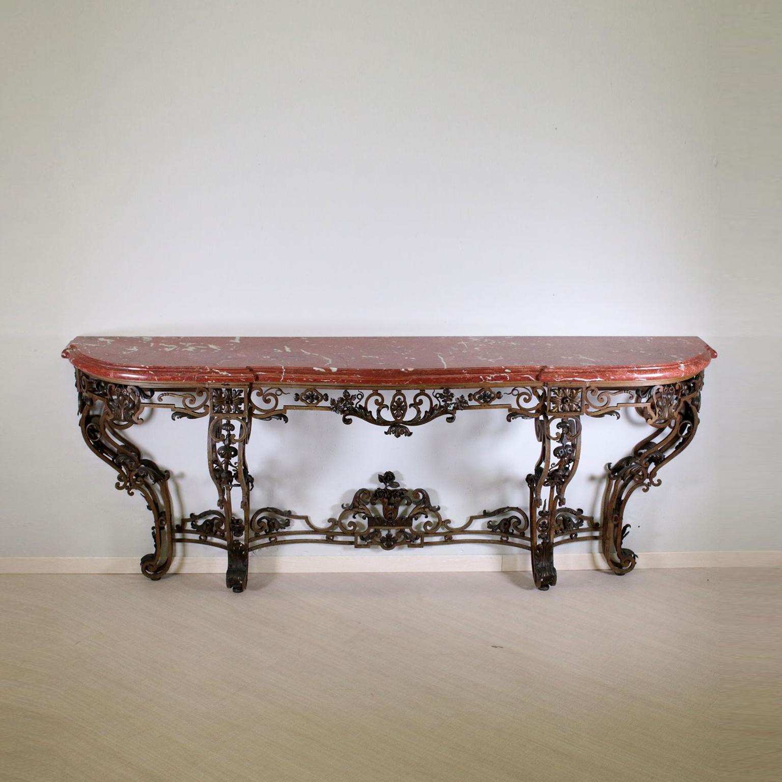Lacquered Iron Console Table Red Marble, France, Late 1800s 9
