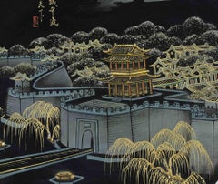 Lacquered Japanese Plate with Landscape, Second half 20th Century