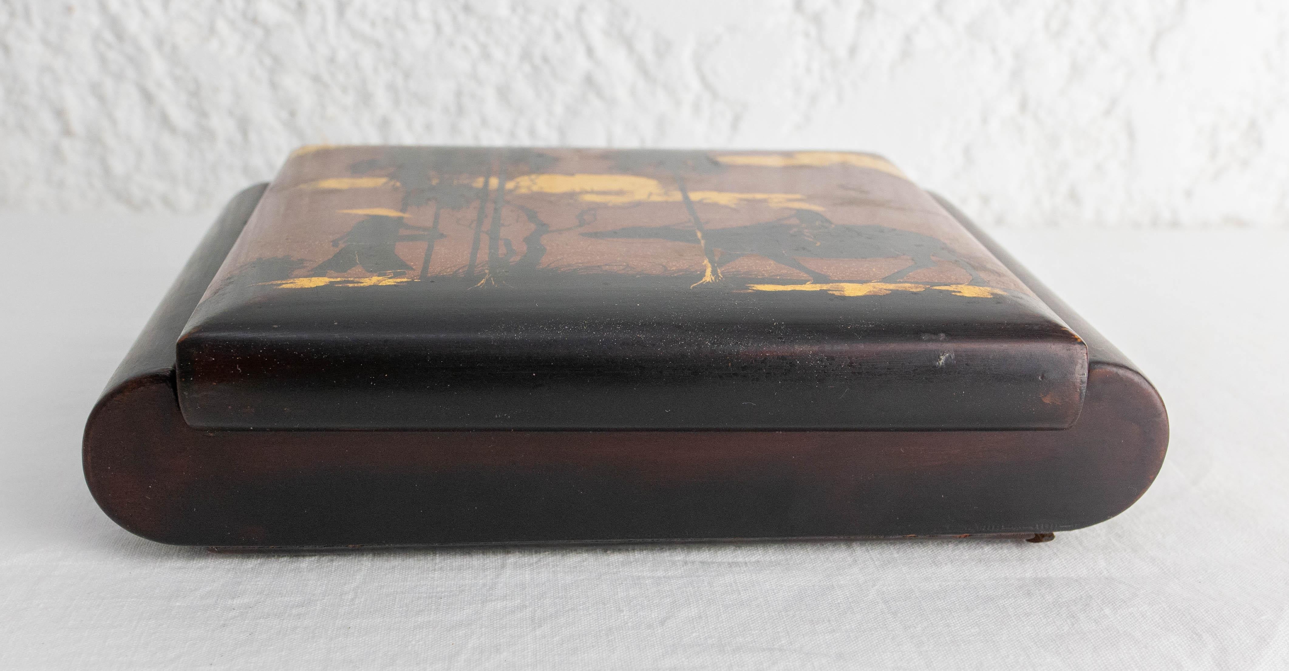 Vietnamese Lacquered Jewels Box, Scene of Rural Life Wood Velvet & Mirror, Vietnam, c 1960 For Sale
