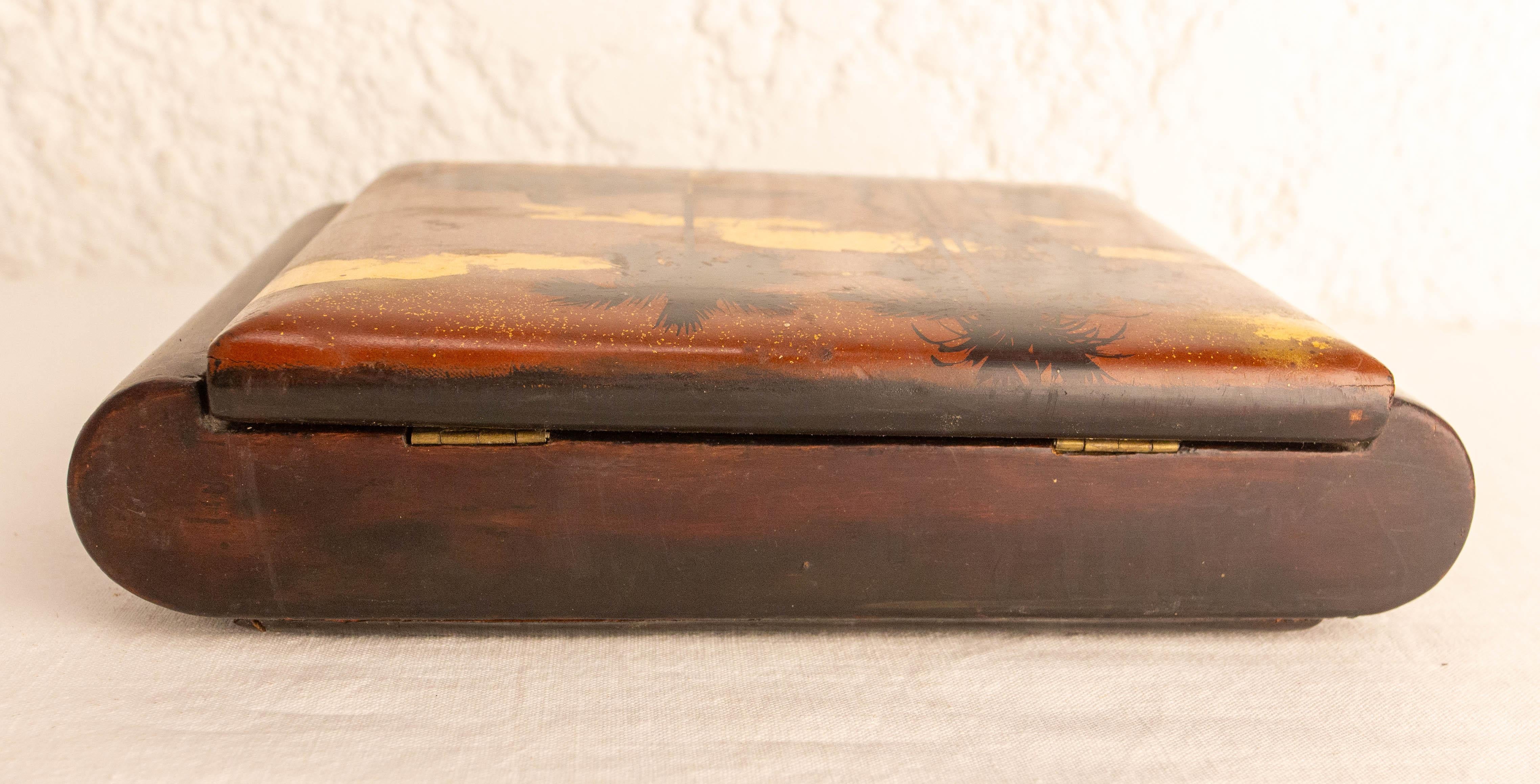 20th Century Lacquered Jewels Box, Scene of Rural Life Wood Velvet & Mirror, Vietnam, c 1960 For Sale