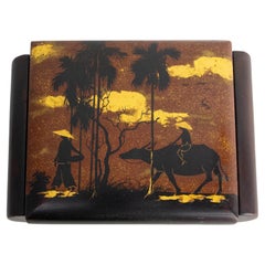 Boîte à bijoux laquée, scène de vie rurale, velours et miroir, Vietnam, vers 1960