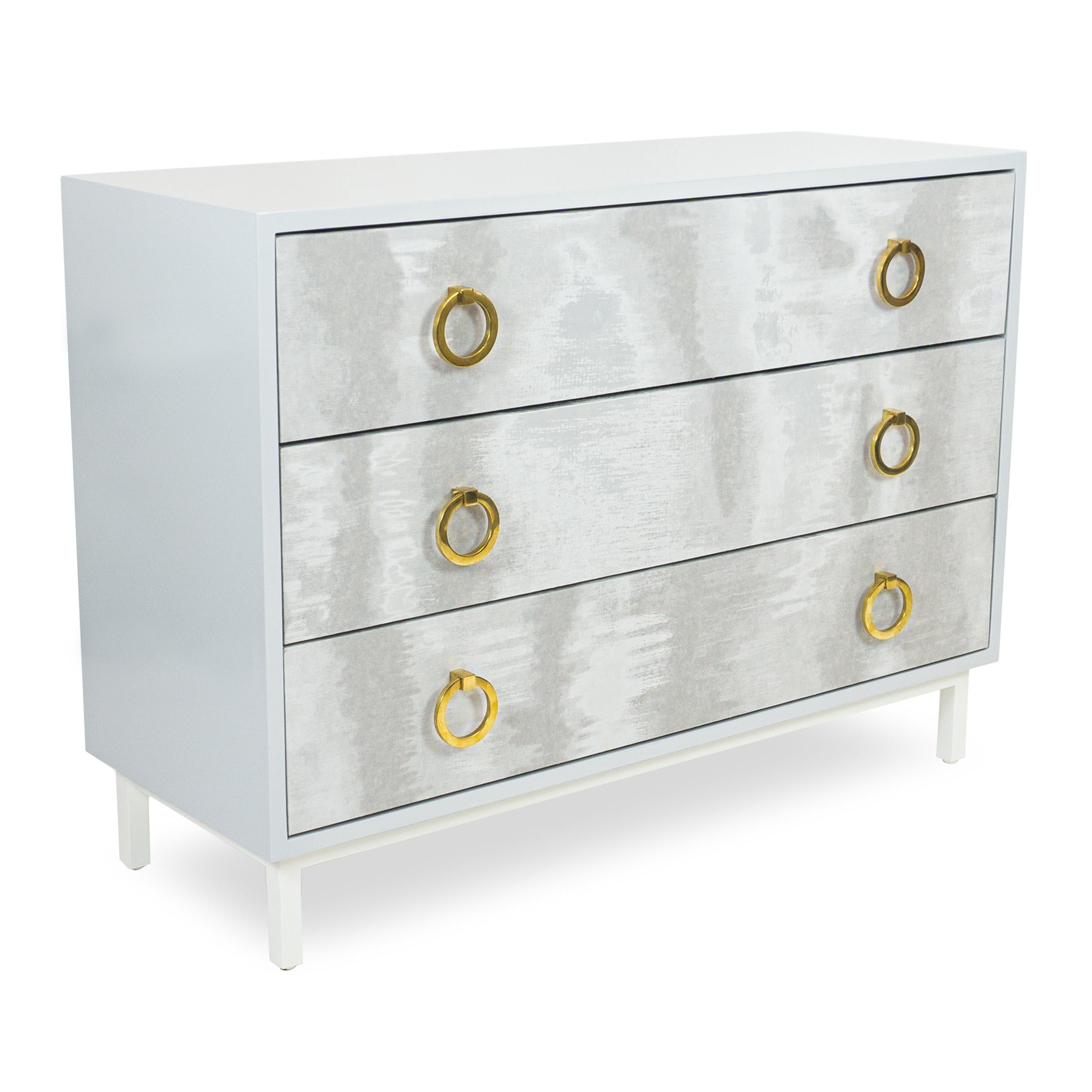 Modern Lacquered Light Blue Chest of Three Drawers with Round Gold Pulls For Sale