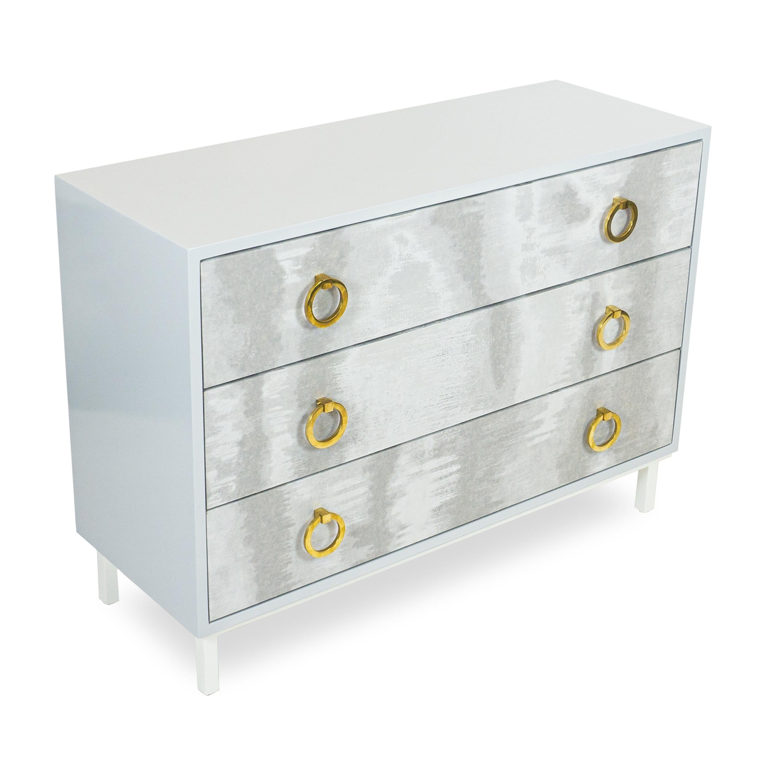 American Lacquered Light Blue Chest of Three Drawers with Round Gold Pulls For Sale