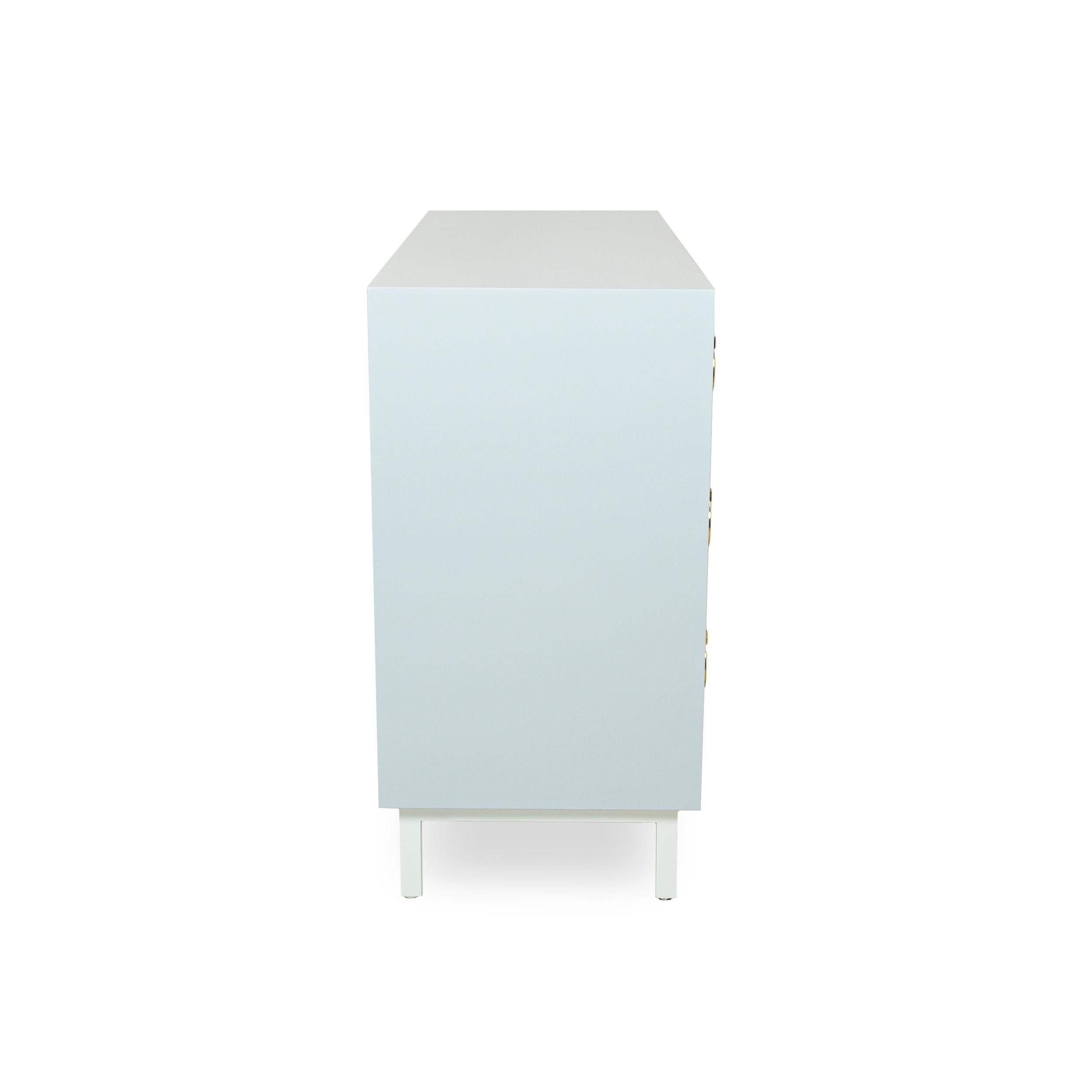 Contemporary Lacquered Light Blue Chest of Three Drawers with Round Gold Pulls For Sale